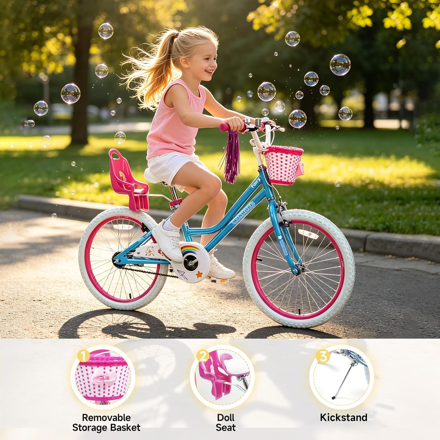 WinHope Girls Bike with Doll Seat, 12 14 16 18 20 Inch Kids Bike for 2-12 | Dual Brake with Training Wheels / Kickstand & Streamers Birthday Gift for Toddler Outdoor Riding, Multiple Colors