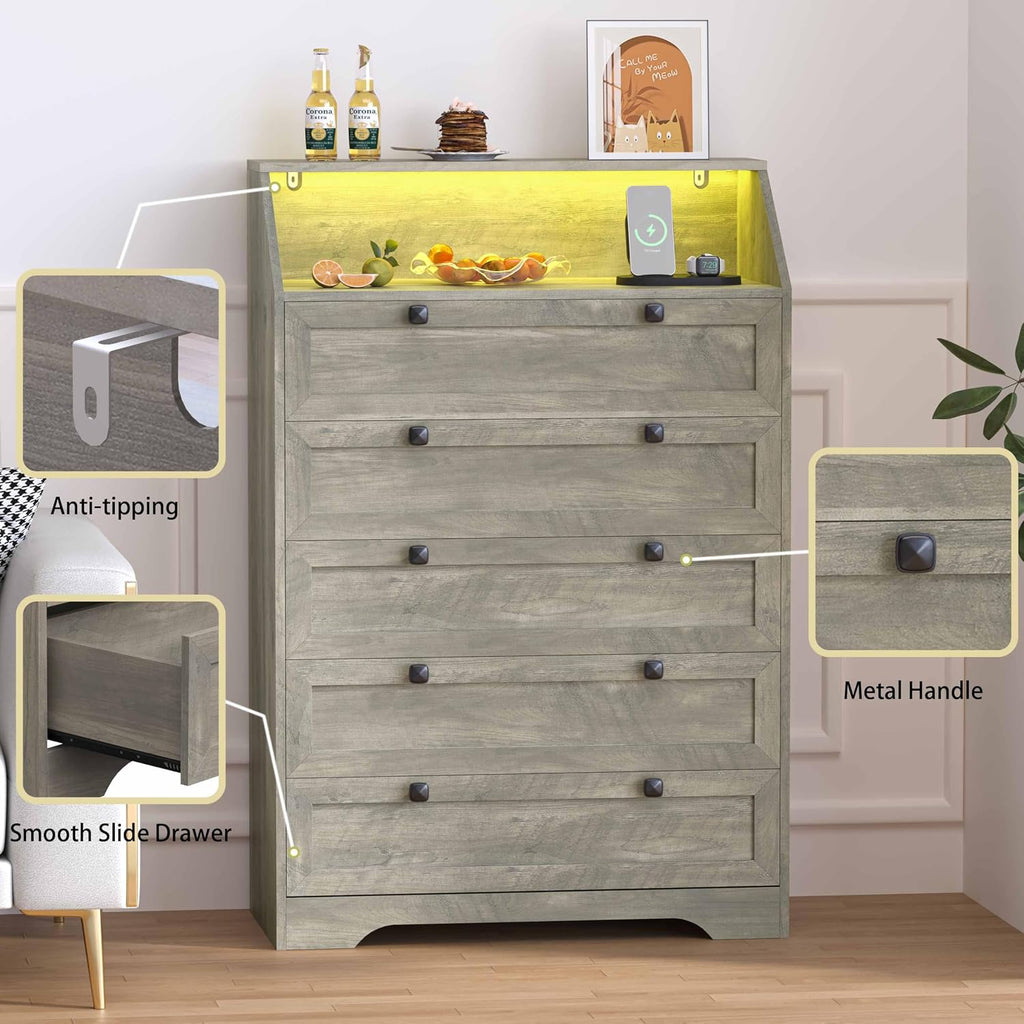 Wodeer Grey Dresser Tall 5 Drawer Dresser for Bedroom, Wood Chest of Drawers with LED Lights, Charging Station, Metal Handles, Modern Storage Cabinet and Organizer Drawers for Living Room, Hallway