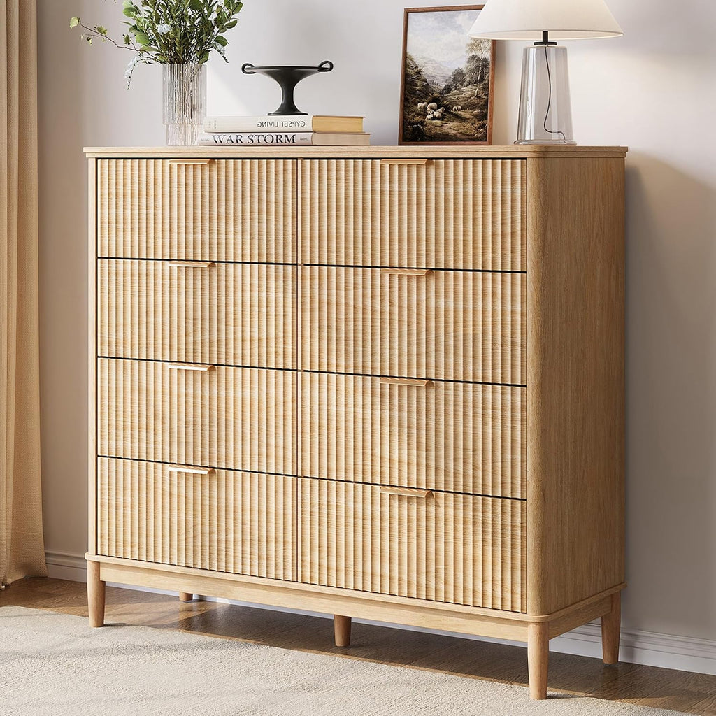 LINSY Fluted 8 Drawer Dresser for Bedroom, 47' Wide Mid-Century Modern Tall Chest of Drawers, Curved Corner Design, Storage Dressers with Deep Drawers, Large Accent Wood Cabinet for Bedroom, Oak