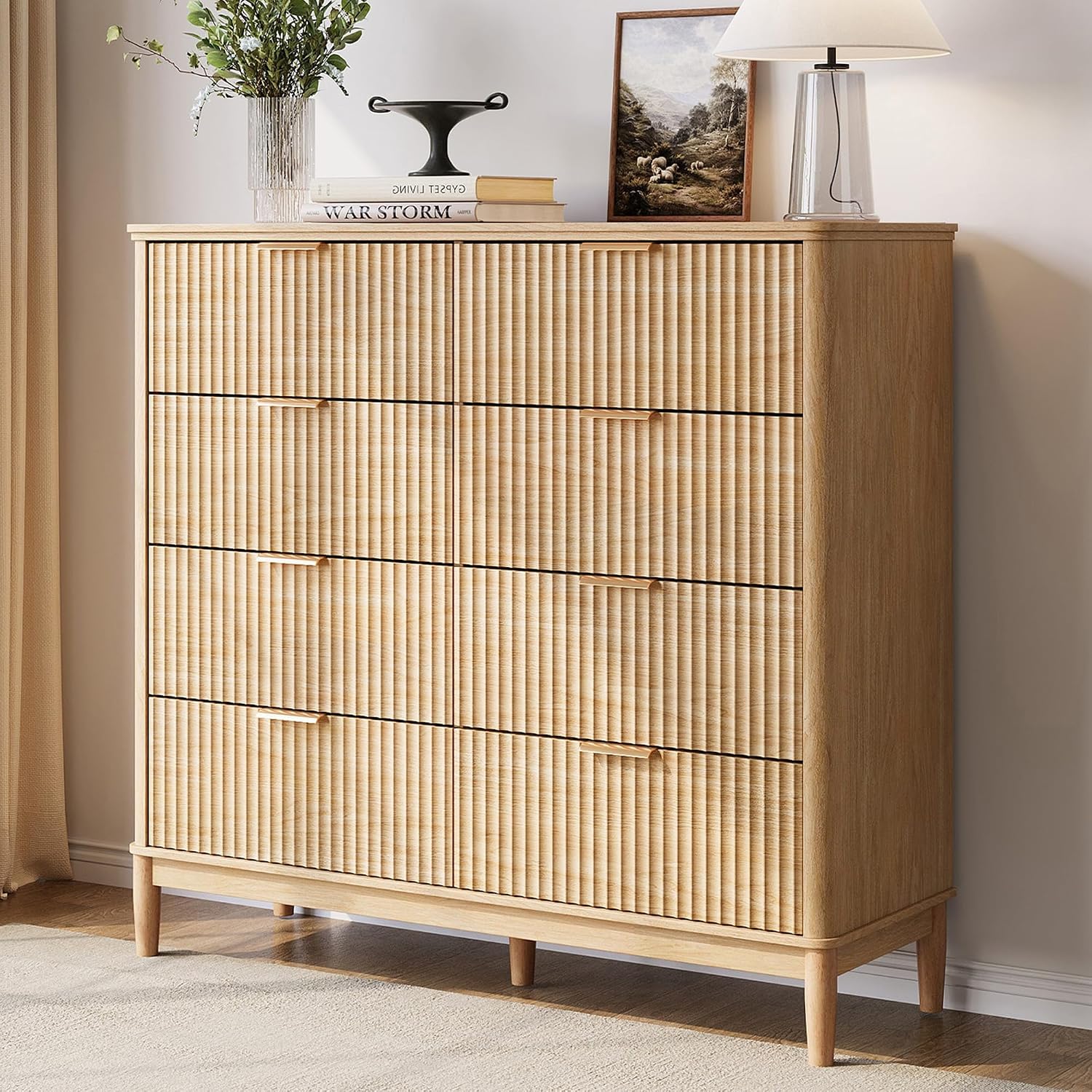 LINSY Fluted 8 Drawer Dresser for Bedroom, 47' Wide Mid-Century Modern Tall Chest of Drawers, Curved Corner Design, Storage Dressers with Deep Drawers, Large Accent Wood Cabinet for Bedroom, Oak