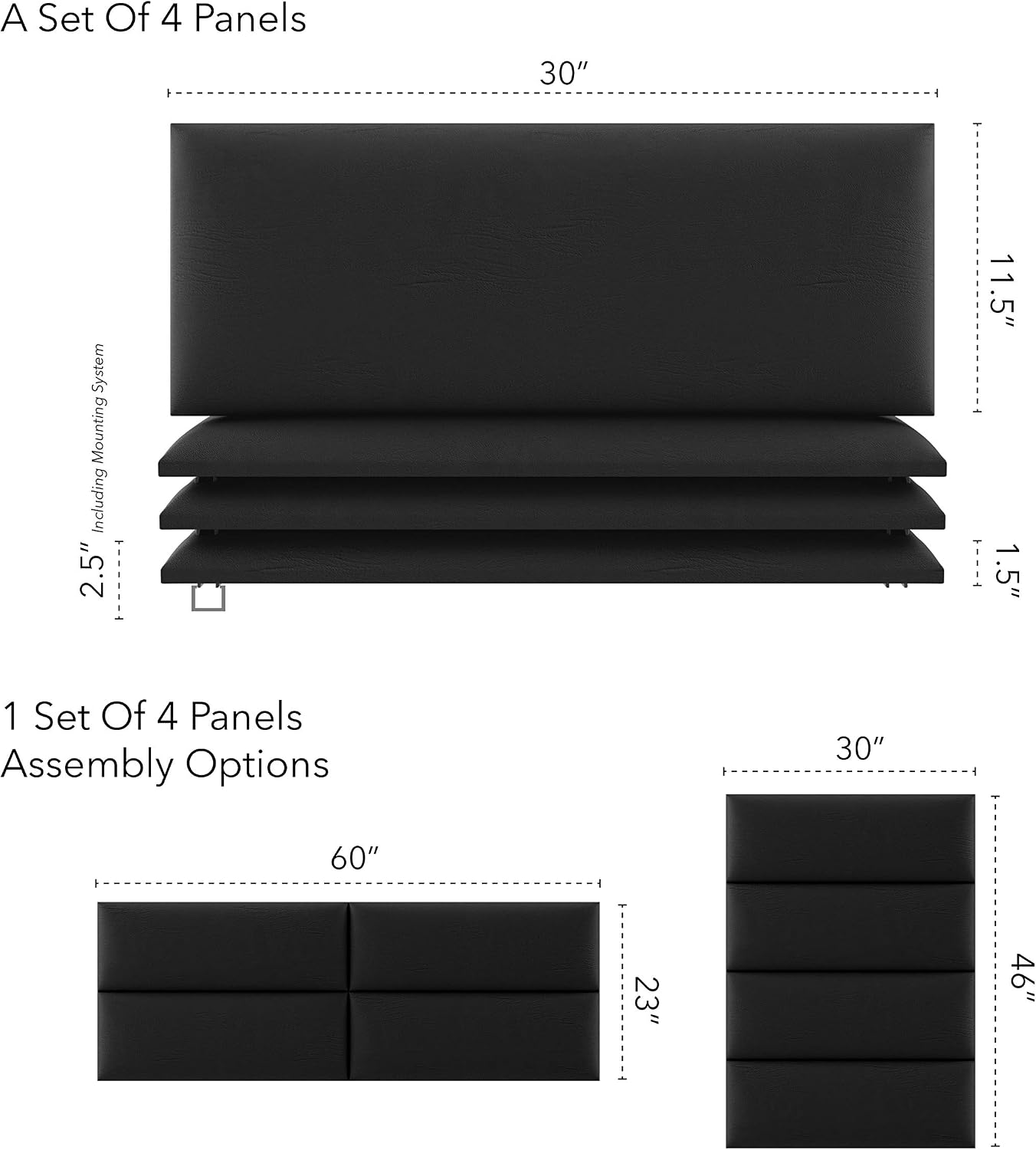 Vänt Upholstered Wall Panels - Queen/Full Size Wall Mounted Headboards - Vintage Leather Jet Black - Set of 4 Panels (Each Individual Panel 30'x11.5')