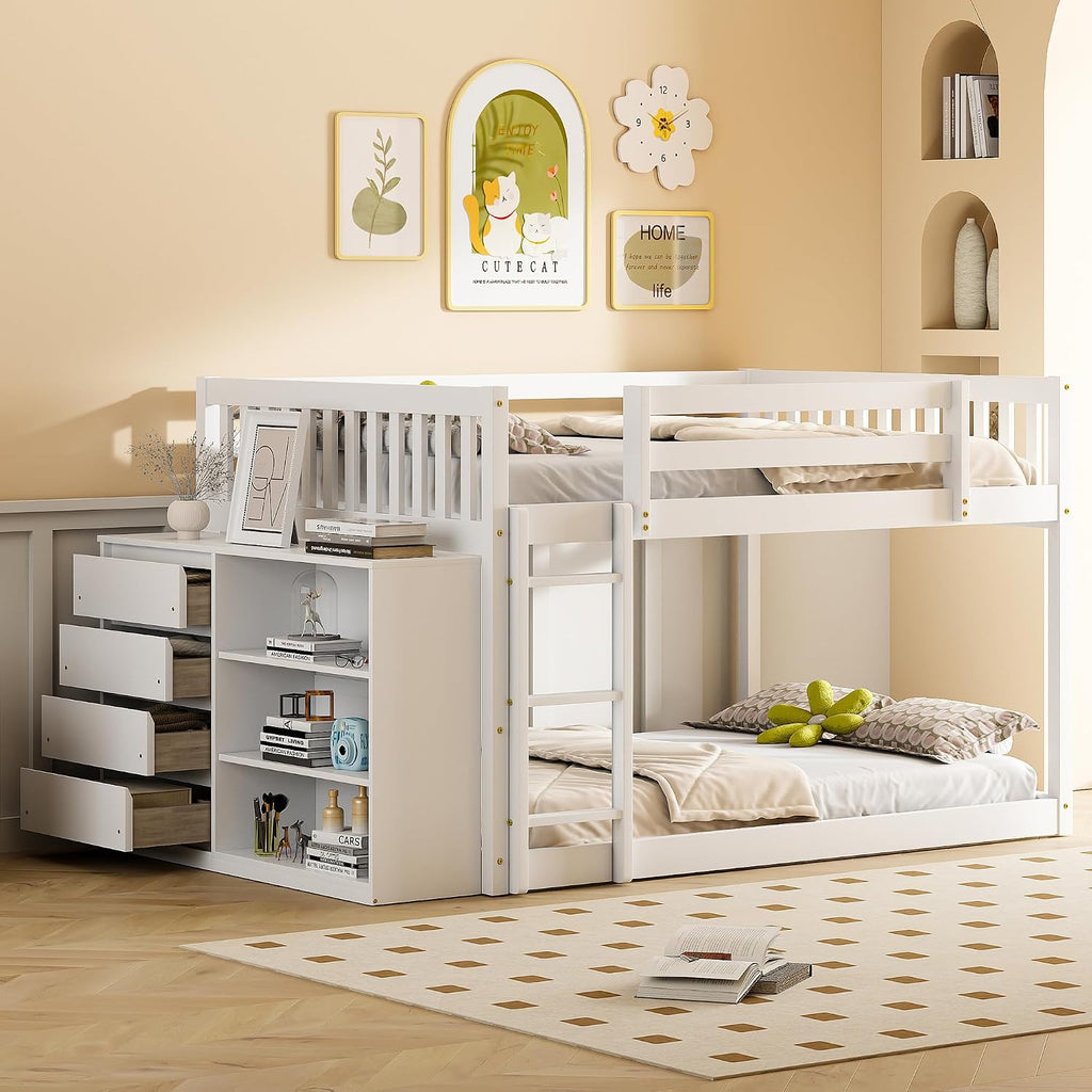 DNYN Full Over Full Bunk Bed with Storage Shelves & 4 Drawers for Kids Bedroom,Wooden Bedframe w/Ladder & Safety Guardrails,Super Save Space & No Box Spring Needed, White