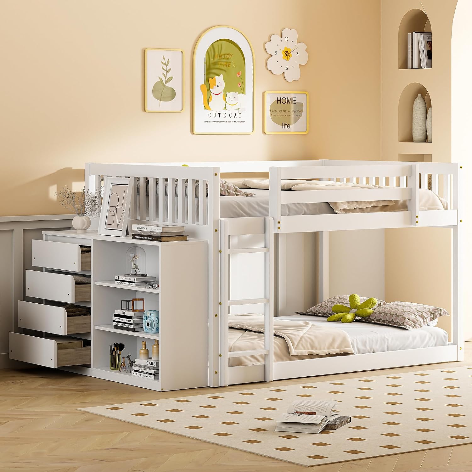 DNYN Full Over Full Bunk Bed with Storage Shelves & 4 Drawers for Kids Bedroom,Wooden Bedframe w/Ladder & Safety Guardrails,Super Save Space & No Box Spring Needed, White
