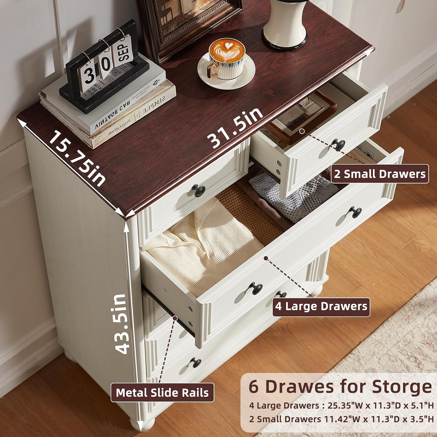 Farmhouse Dressers & Night Stand Set of 4, Wood 54' Wide 6 Drawer Dresser & 43.5' Tall Chest of Drawers, 18'Roman Column Nightstand Set of 2, Bedroom Furniture Dresser Set for Home Living Room Hallway