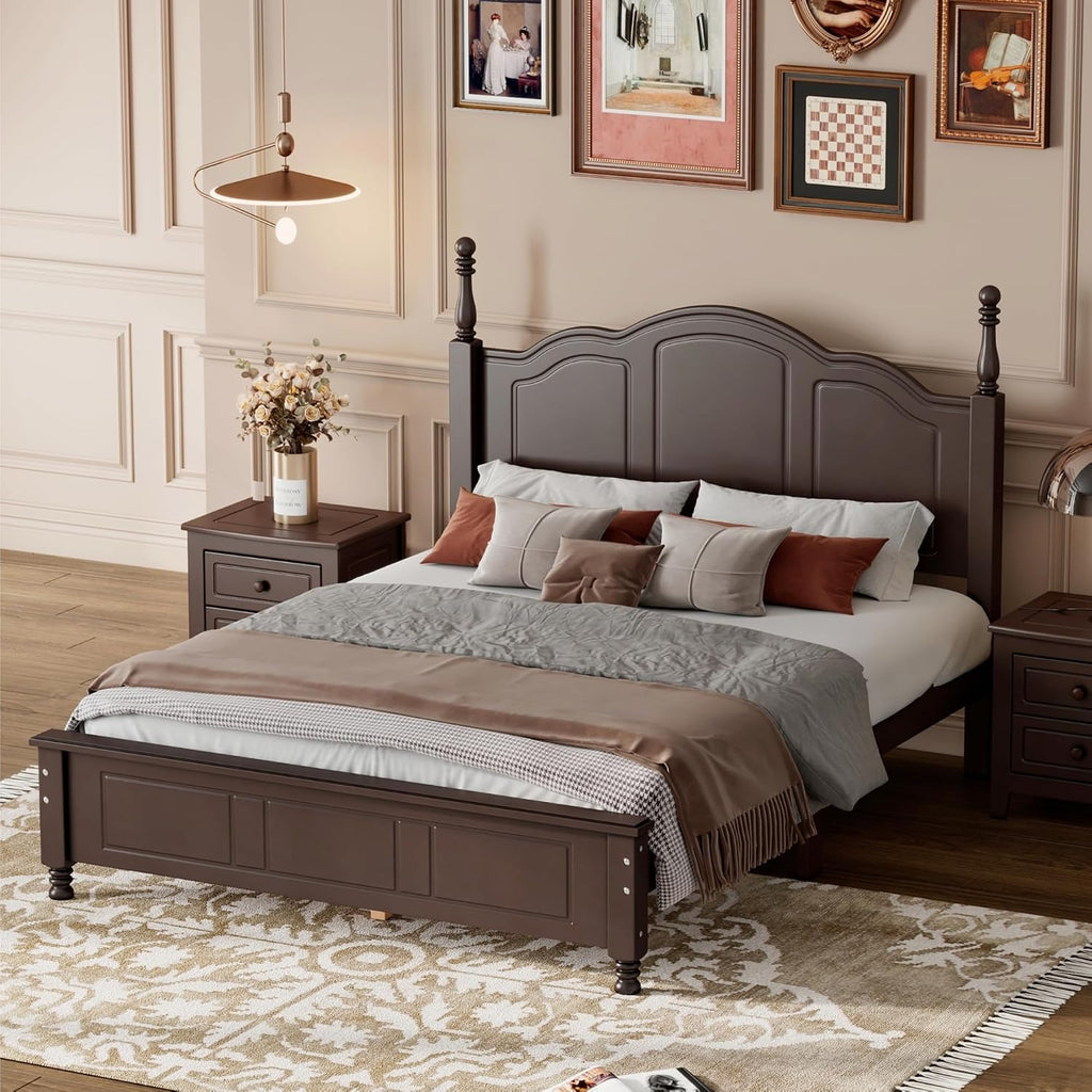 JIVOIT Wood Full Bed Frame with Headboard and Footboard, Retro Style Platform Bed with Wooden Slat Support, Solid Wood Foundation, Full Size Wooden Bed Frame