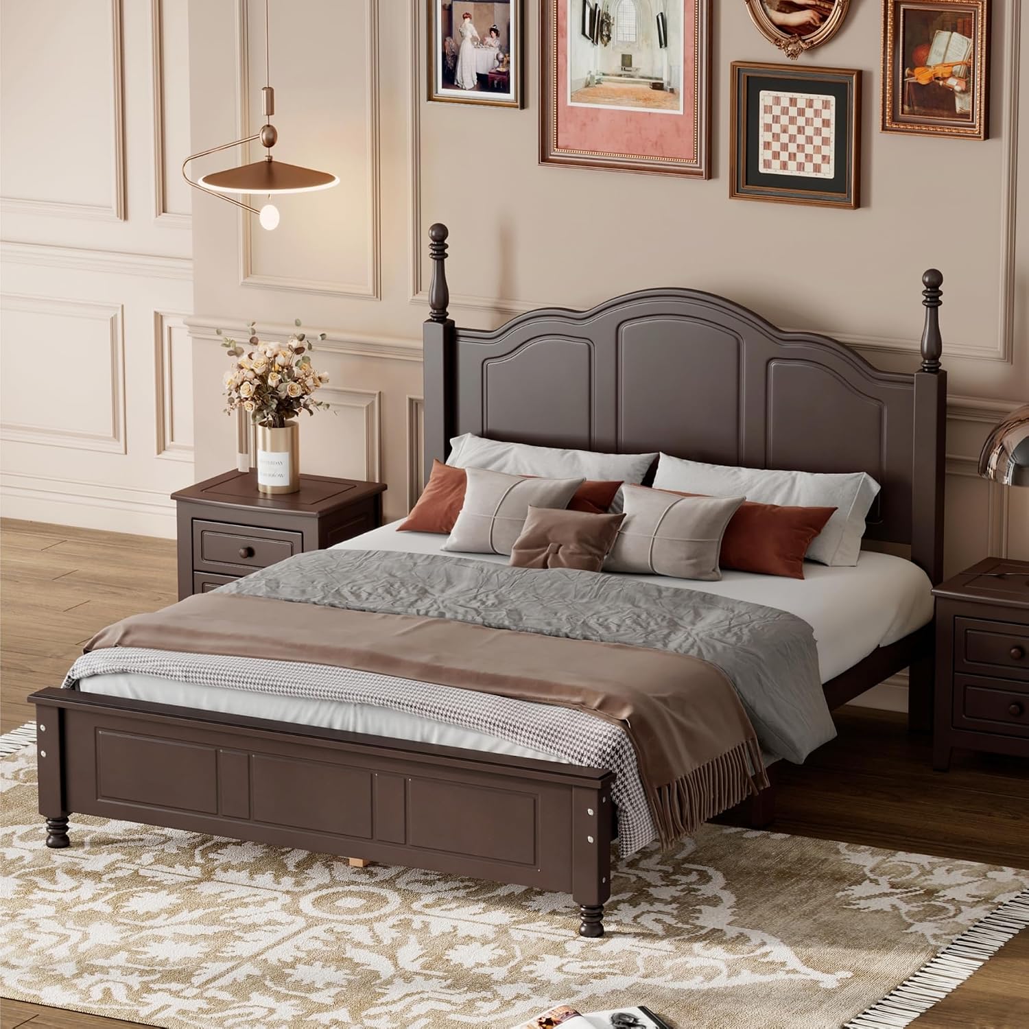JIVOIT Wood Full Bed Frame with Headboard and Footboard, Retro Style Platform Bed with Wooden Slat Support, Solid Wood Foundation, Full Size Wooden Bed Frame