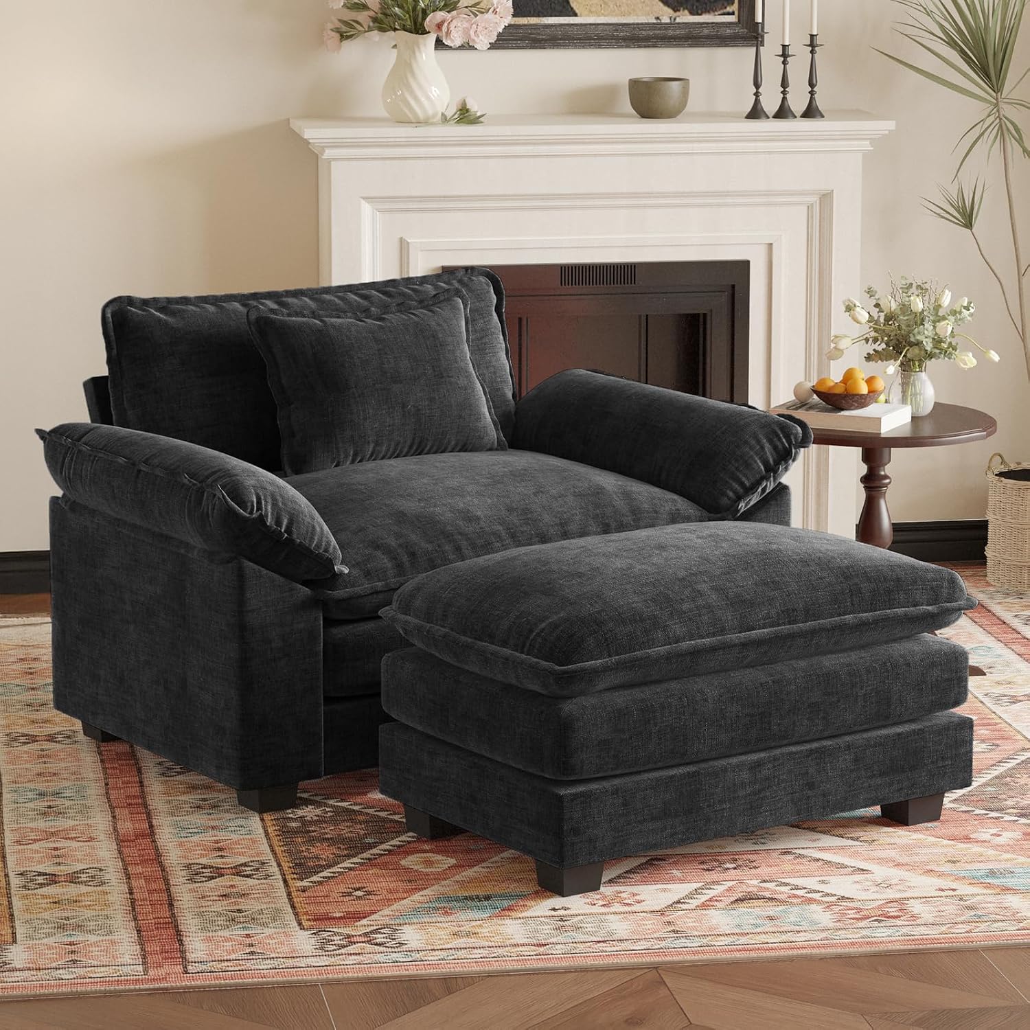 HUSFU Oversized Accent Chair with Ottoman, Chenille Cloud Couch Chair with Deep Seat and Extra Wide Armrests, Comfy Reading Armchair for Bedroom, Living Room, Black