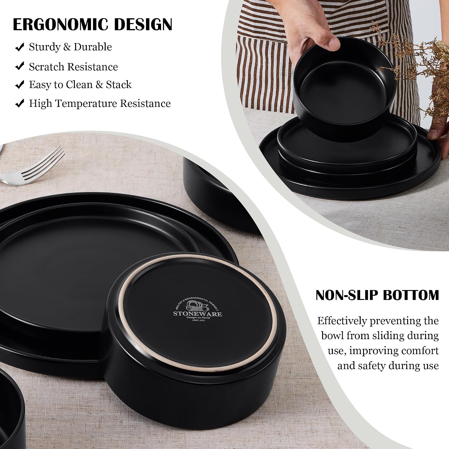E-far Black Dinnerware Sets for 8, 24-Piece Stoneware Plates and Bowls Dish Set, Modern Kitchen Dinning Dishware, Chip and Scratch Resistant, Microwave & Dishwasher Safe, Matte Black