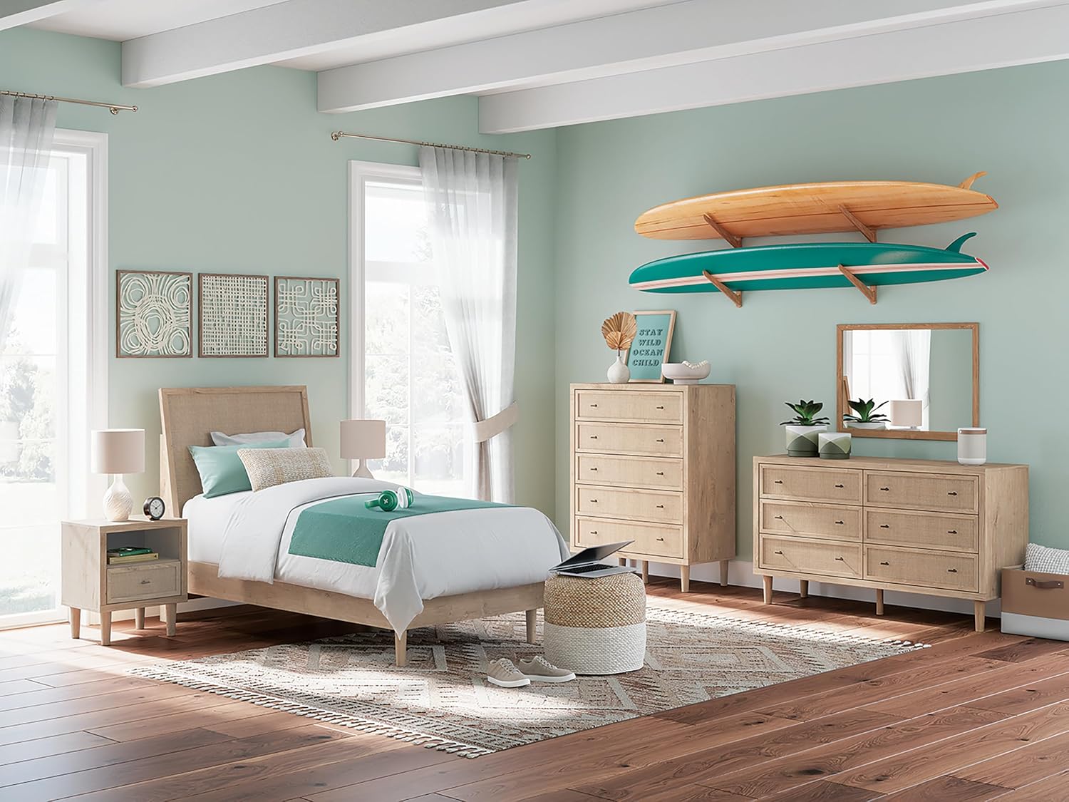 Signature Design by Ashley Cielden French Country 6-Drawer Dresser and Mirror with Safety Stop, Light Brown