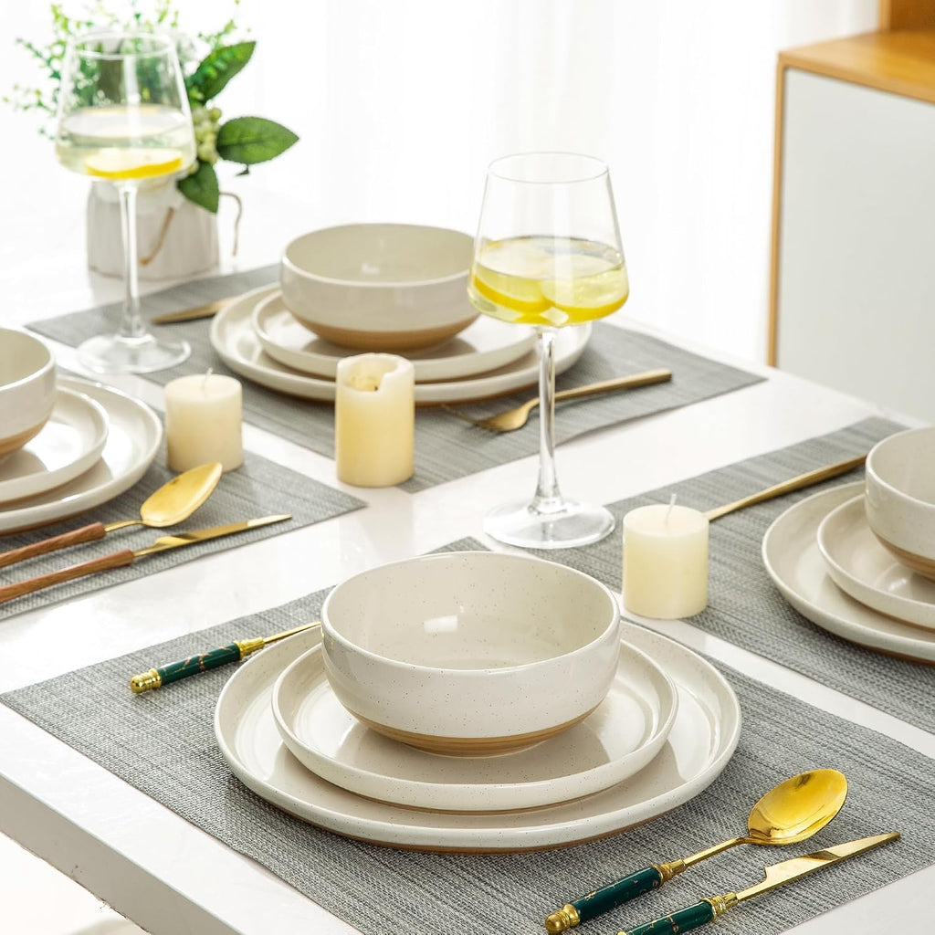 AmorArc Ceramic Dinnerware Sets with Pasta Bowls for 6, Handpainted Plates and Bowls Set with Rustic Terracotta Underside, Scratch Resistant Dishes Set, Dishwasher & Microwave Safe, 24 Pcs