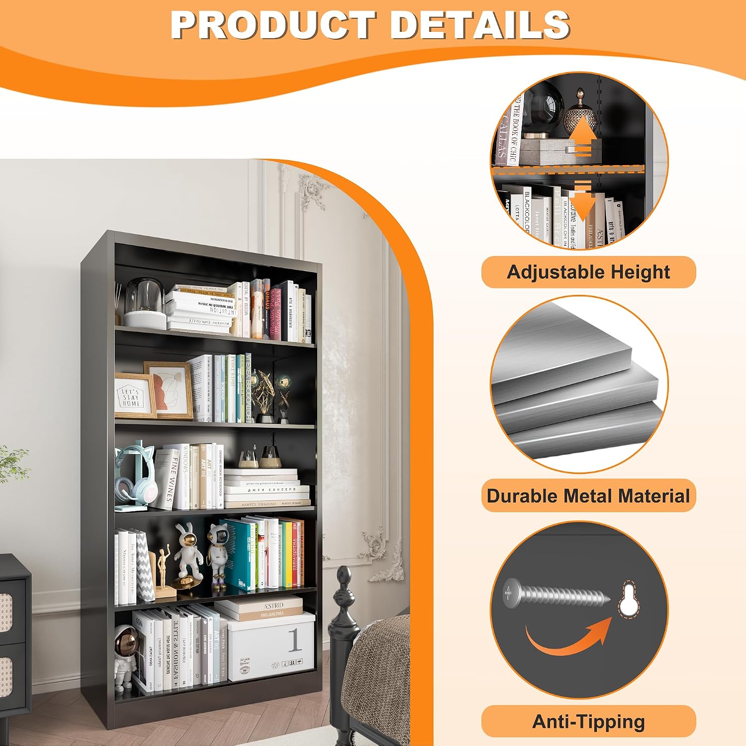 VASAAOSD Black Bookshelf, 55' Adjustable Tall Metal Bookshelf, 5-Tier Toy Storage Organizer with Anti-Tilt Device, Modern Book Cases and Book Shelves for Bedroom, Playroom, Classroom, Study