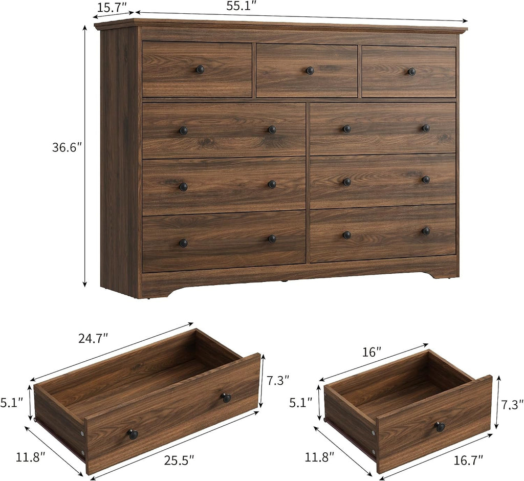 Dresser for Bedroom, 9 Drawer Dresser with Large Drawers, 55 Inch Wide Wood Chest for Living Room, Hallway, Walnut