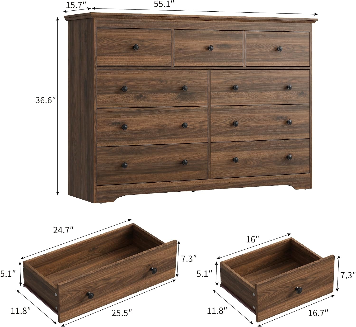 Dresser for Bedroom, 9 Drawer Dresser with Large Drawers, 55 Inch Wide Wood Chest for Living Room, Hallway, Walnut