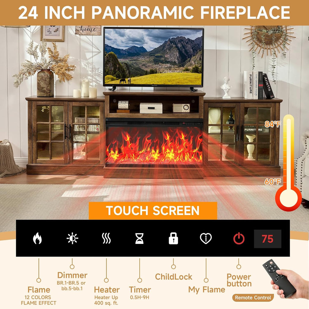 ROCKPOINT 97' Classical Farmhouse Fireplace TV Stand with 3 Sided Glass 36' Electric Fireplace Heater for TVs up to 100',Entertainment Center with Adjustable Shelves and Storage Cabinets,Espresso