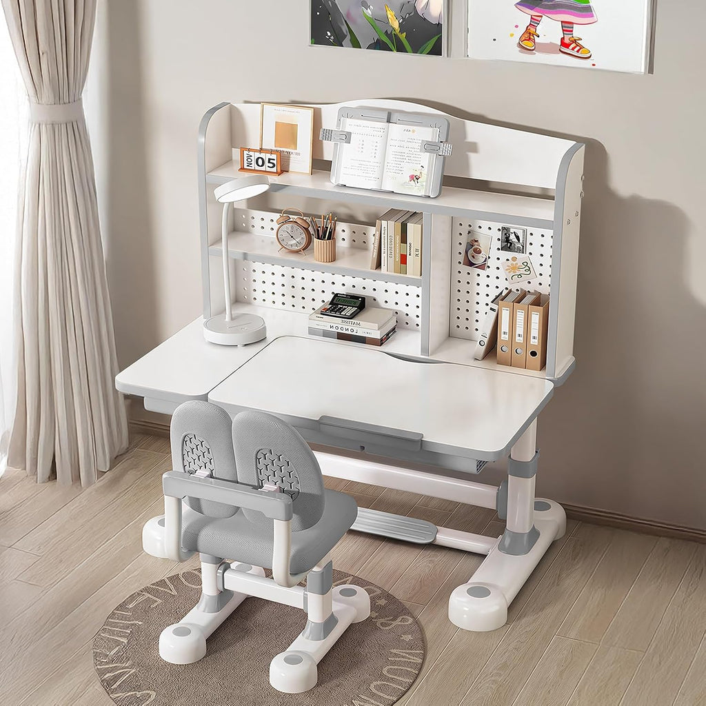 Kids Desk and Chair Set, Height Adjustable Study Desk with One-Touch Tilting Desktop (0–50°), Storage Drawer & Bookshelf, Ergonomic Desk for Boys and Girls Ages 3–12 (Grey)