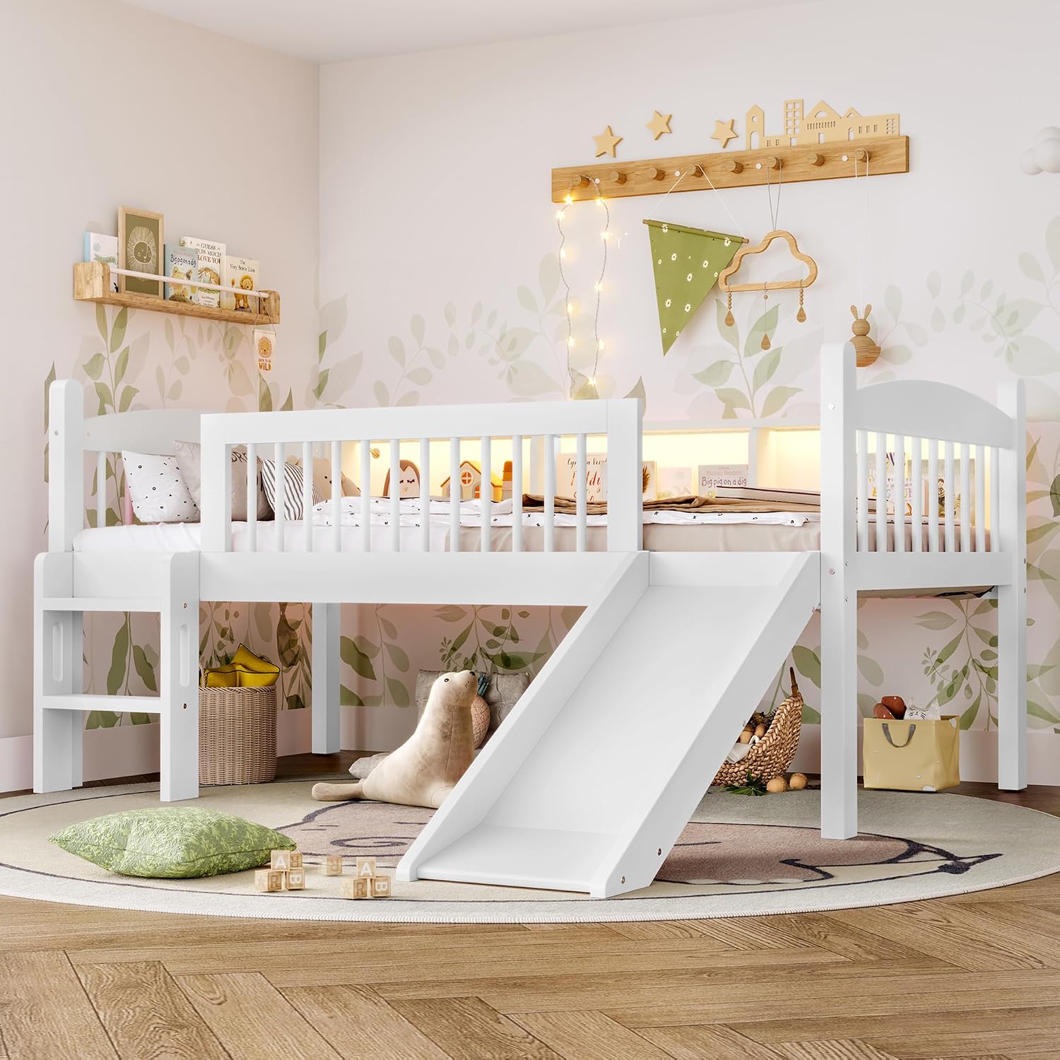 JIVOIT Twin XL Loft Bed with Storage Shelves, Solid Wood Lower Loft Bed with Full-Length Guardrails, Wood Slats Support, Space-Saving Design, No Box Spring Needed (White,Twin XL,51)