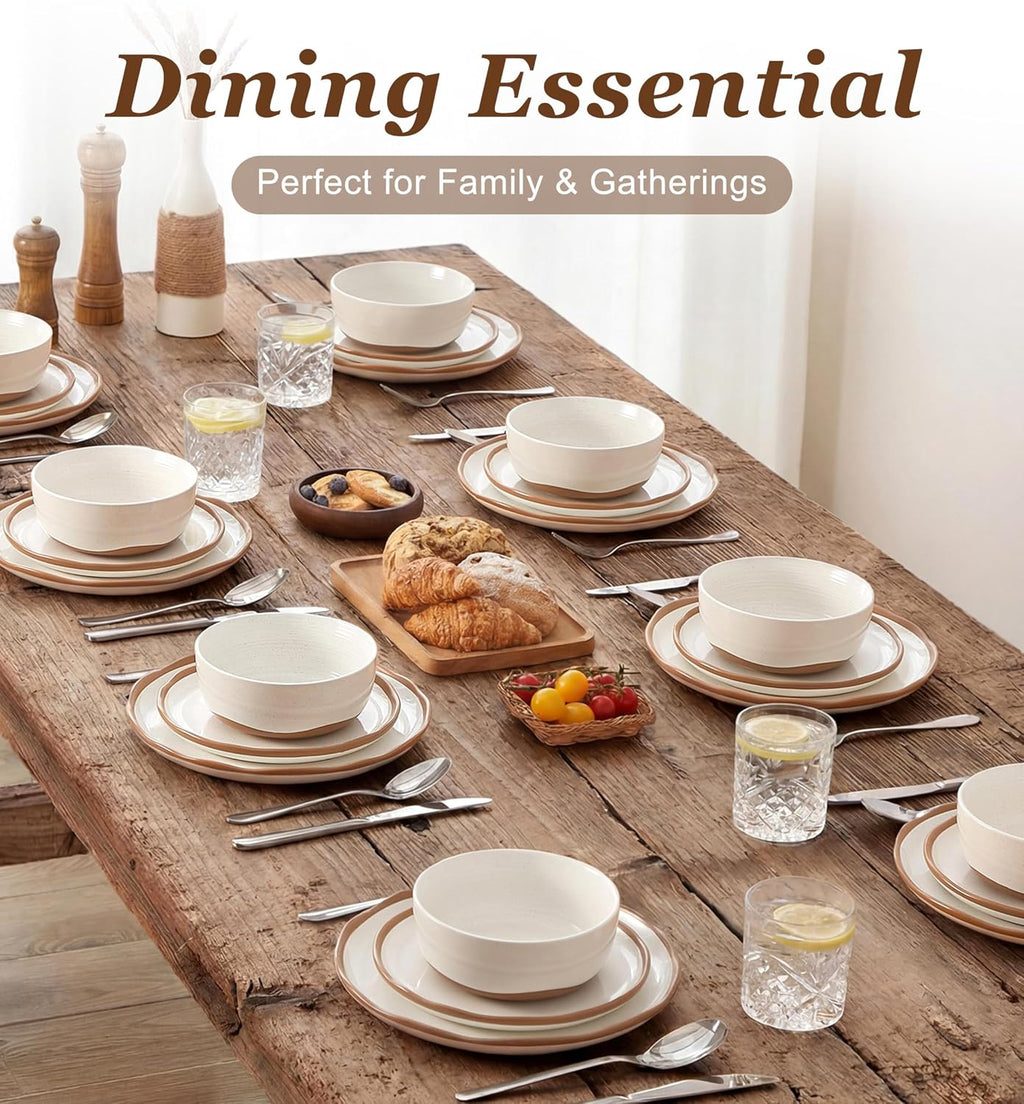 24 Piece Dinnerware Sets for 8 - Farmhouse Ceramic Plates and Bowls Sets - Scratch Resistant Stoneware Dishes Set, Dishwasher & Microwave Safe, Stack Compactly Dishware - Vintage White