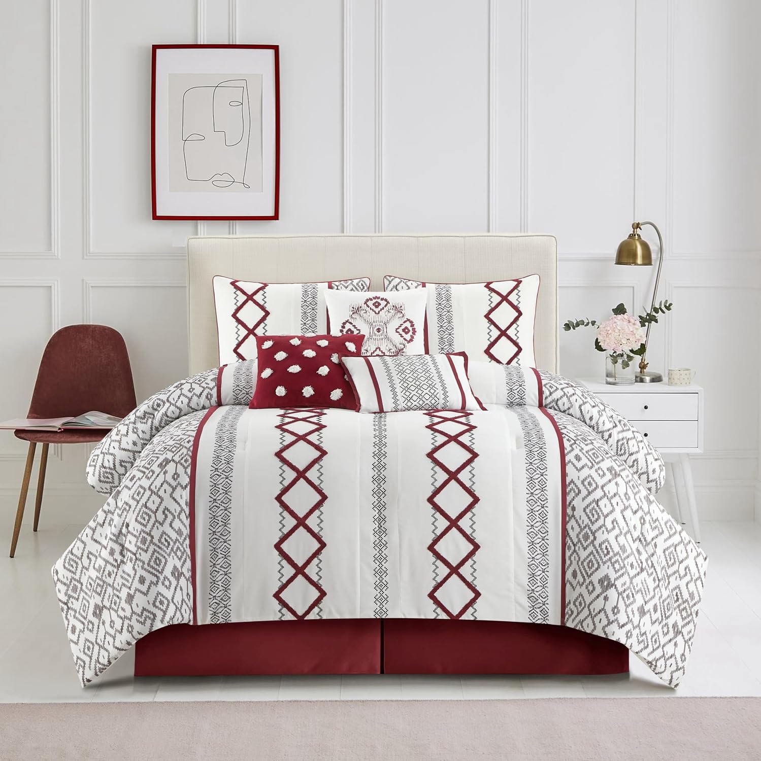 Grand Avenue White Red Comforter Set California King Size, 7 Piece Terry Embroidery All Season Bedding Set, Bedskirt, Pillows & Shams