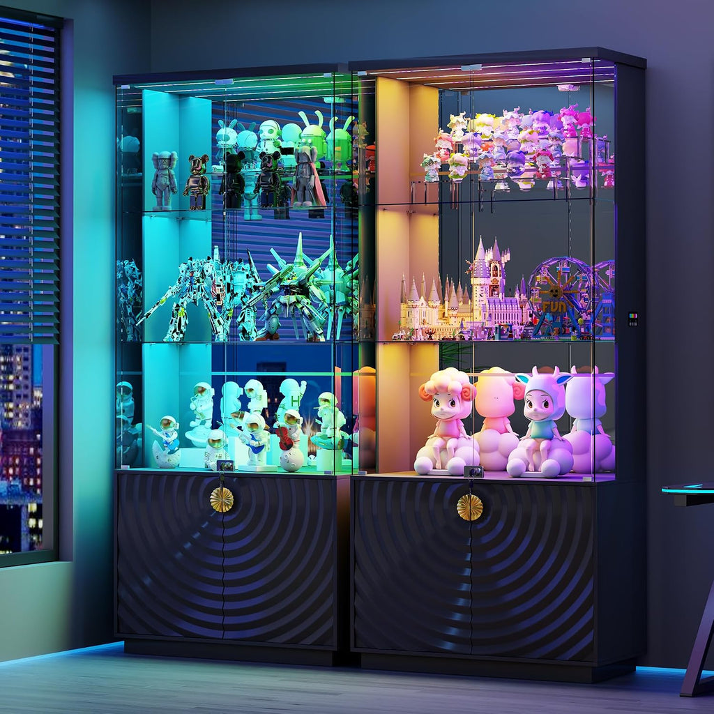 71'' Display Cabinet with Glass Doors,4-Tier Curio Black Cabinet with 3-Color Lights for Collectibles,Lockable Glass Display Case with Human Body Sensor,Tall Bookcase w/Shelves&Door Panel
