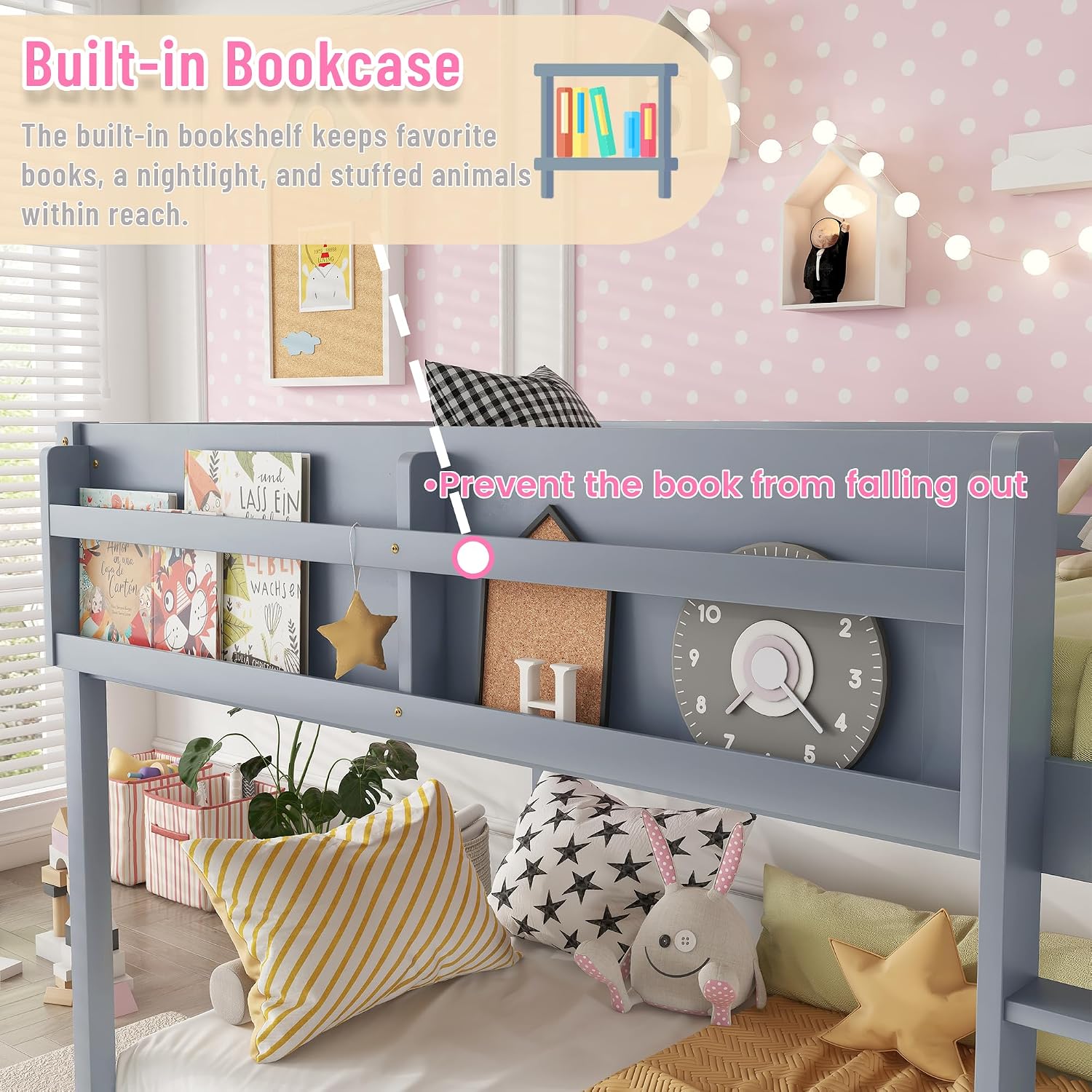 Low Bunk Bed Twin Over Twin for Kids, Wood Floor Bunk Beds with Bookshelf & Ladder, Low Profile Bunked with Full Guardrails for Kids, Juniors, Boys, Girls, Bedroom, Gray