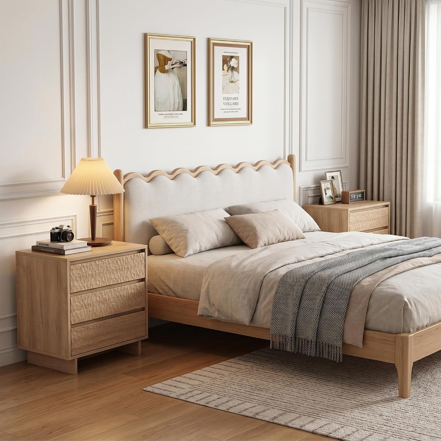 Miereirl Nightstands with Charging Station, Modern Nightstand with 3 Drawers, 26.5' W Wooden End Side Table for Bedroom, Natural Oak