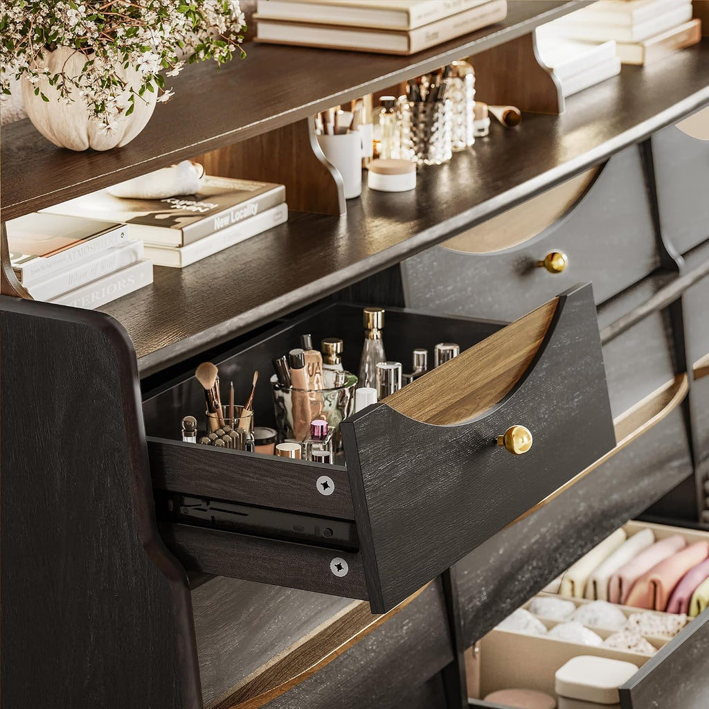 63' W 9-Drawer Black Dresser for Bedroom, Modern Wood Chest of Drawers w/LED Light, Round Knobs & Solid Wood Handles, Long Wooden Dresser TV Stand w/Shelf for TVs up to 75', Curved Profile Design