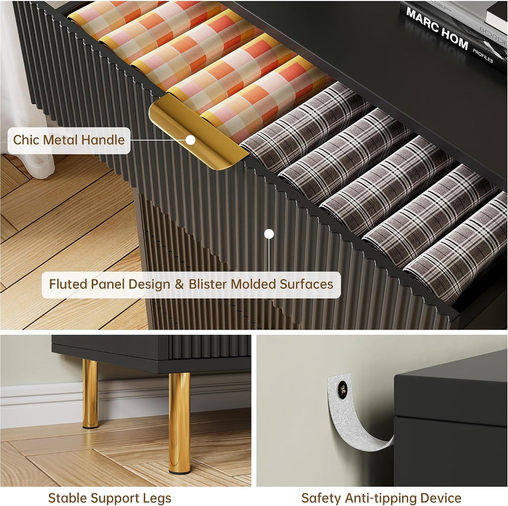 GarveeHome Black Dresser, Modern 3 Drawer Dresser for Bedroom with Gold Handle and Large Drawer, Wood Double Chest of Drawers and Storage Organizer for Living Room, Hallway, Entryway