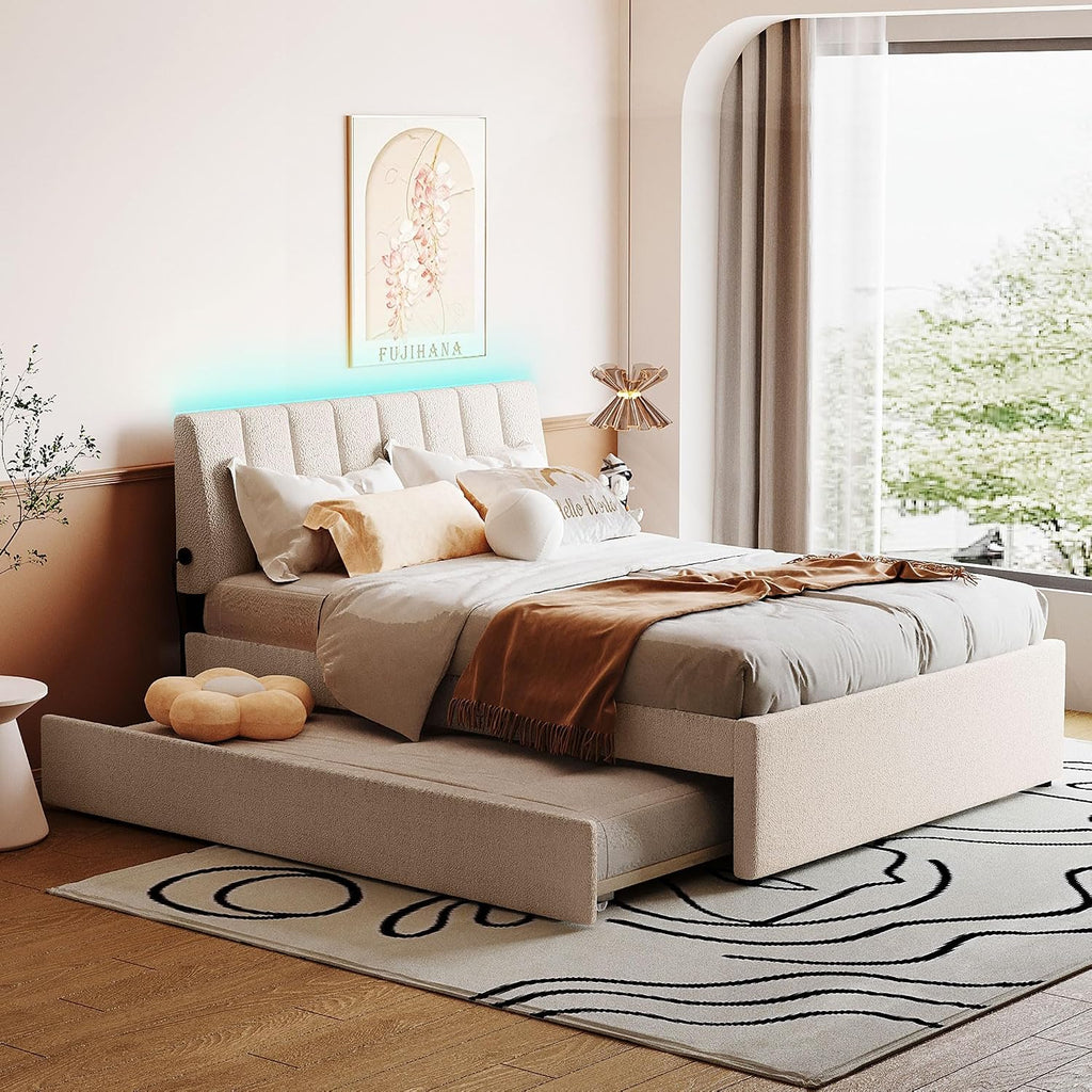 Teddy Fleece Full Size Upholstered Platform Bed Frame for Boys Girls Kids Adults Toddler with Trundle, Beige