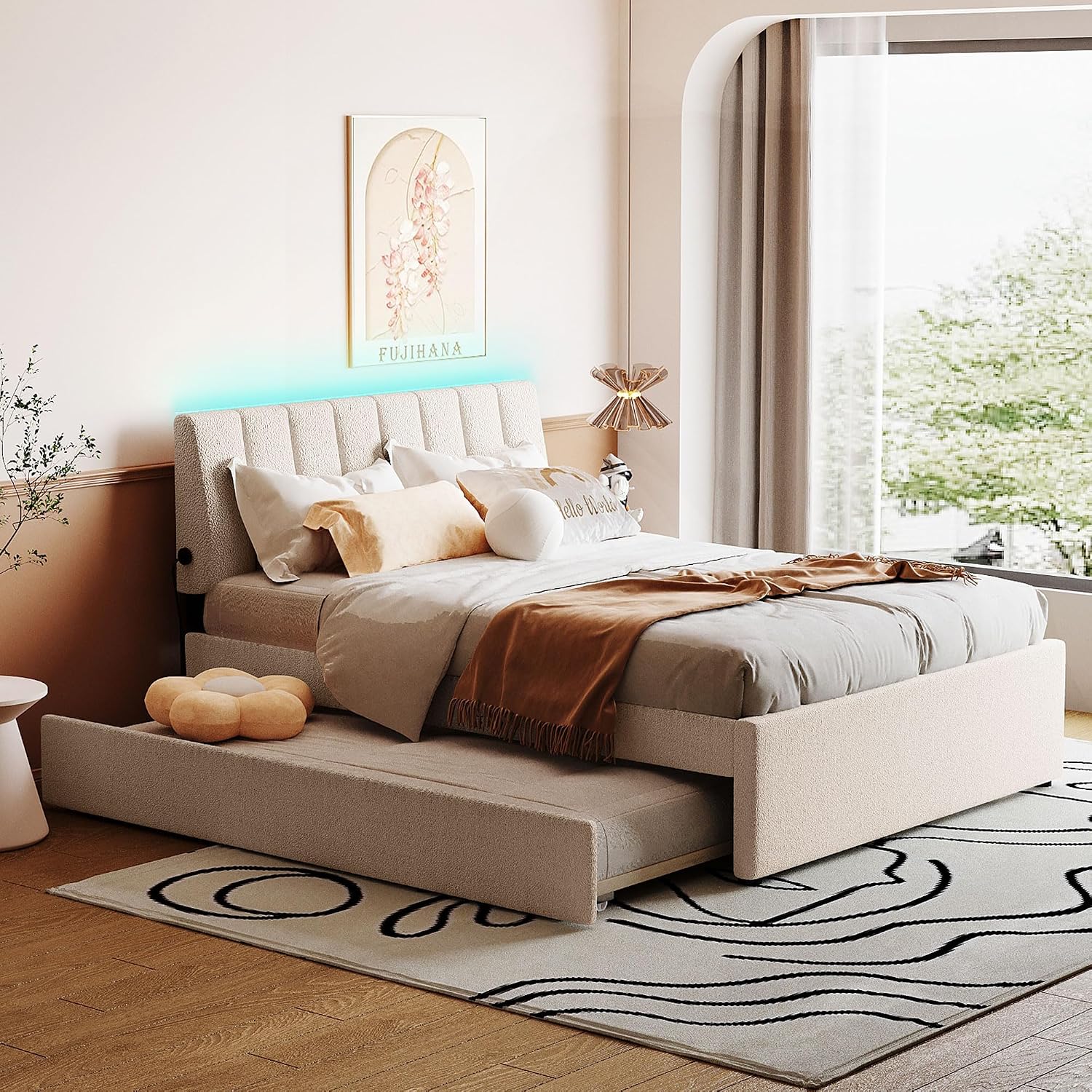 Teddy Fleece Full Size Upholstered Platform Bed Frame for Boys Girls Kids Adults Toddler with Trundle, Beige