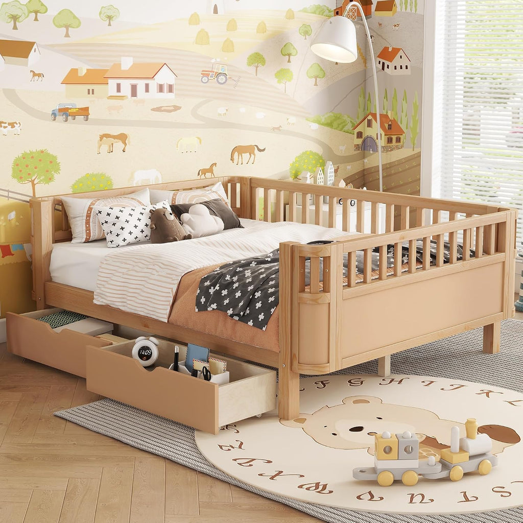 Harper & Bright Designs Full Size Low Platform Bed Frame, Daybed with Fence and Drawers, Low Profile Bed for Kids Bed Room, Natural