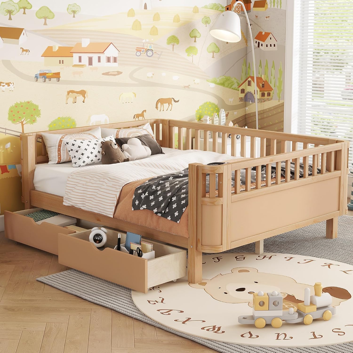 Harper & Bright Designs Full Size Low Platform Bed Frame, Daybed with Fence and Drawers, Low Profile Bed for Kids Bed Room, Natural