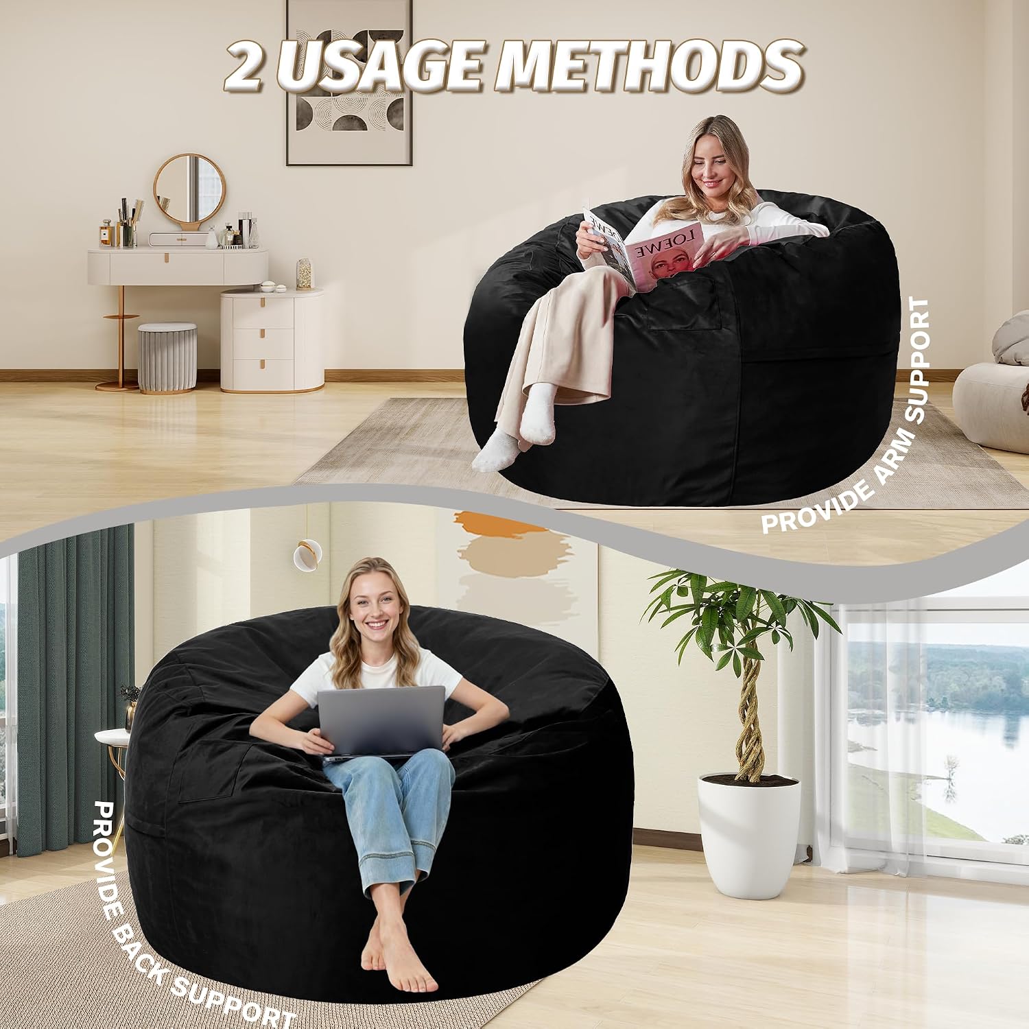 5FT Bean Bag Chair with Ultra Soft Velvet Cover Bean Bag Sofa with Memory Foam Bean Bag Chairs with Large Size Lazy Sofa for Dorm Office Living Room Bedroom Black 5'