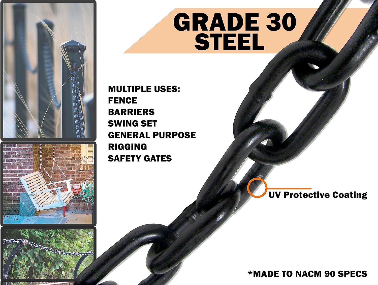 Generic 3/8'' X 30' Black Powder Coated Safety Chain | Working Load: 2,650 LBS Grade 30 Proof Coil | UV Protection | Swing Set Barrier Gate | Steel Chain | Heavy Duty