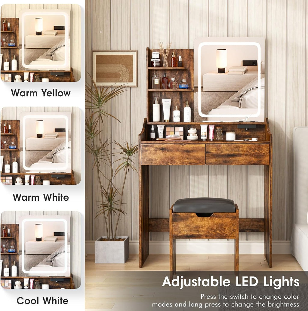 Vabches Vanity Desk with LED Light Mirror and Charging Station 30.3in, Small Vanity Set with 4 Storage Shelves 2 Drawers, Vanity for Girls Women with Storage Stool, Vanity Table for Bedroom (Brown)