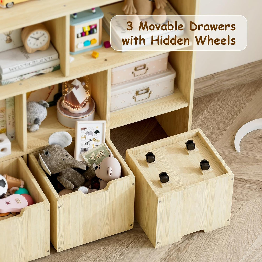 EXPERLAM Solid Pine Wood Toy Storage Organizer, Kids Bookshelf and Toy Organizer with 3 Rolling Drawers, 5 Storage Cubes, Montessori Playroom Storage Cabinet, Burlywood