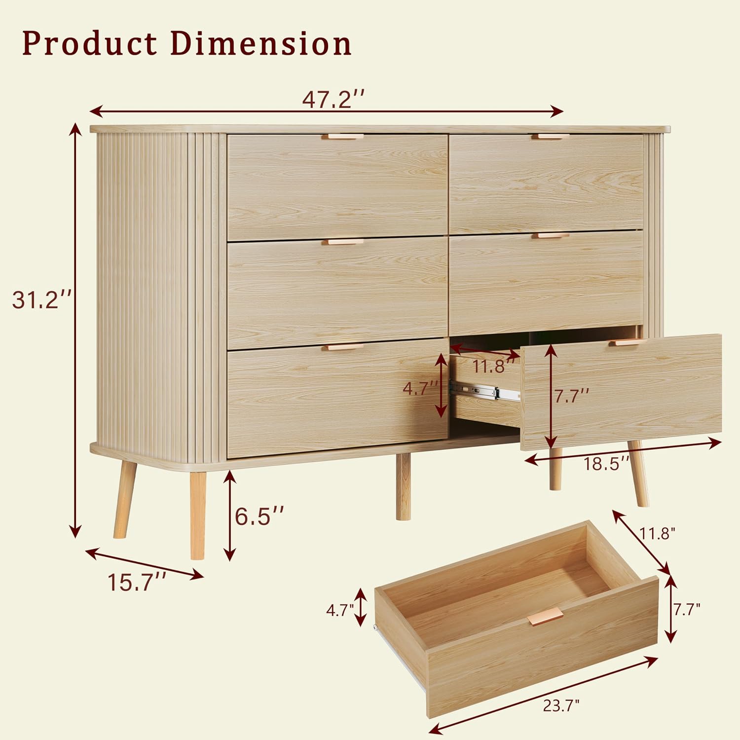 Fluted 6 Drawers Dresser for Bedroom, Mid Century Modern Chests of Drawers, Curved Profile Design, Wide Wood Storage Dresser for Entryway, Hallway, Oak