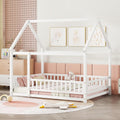Bellemave Full Size House Floor Bed,Wooden Montessori Bed with Fence and Roof for Kids,Playhouse Full Bed Frame for Girls,Boys(Full,White)