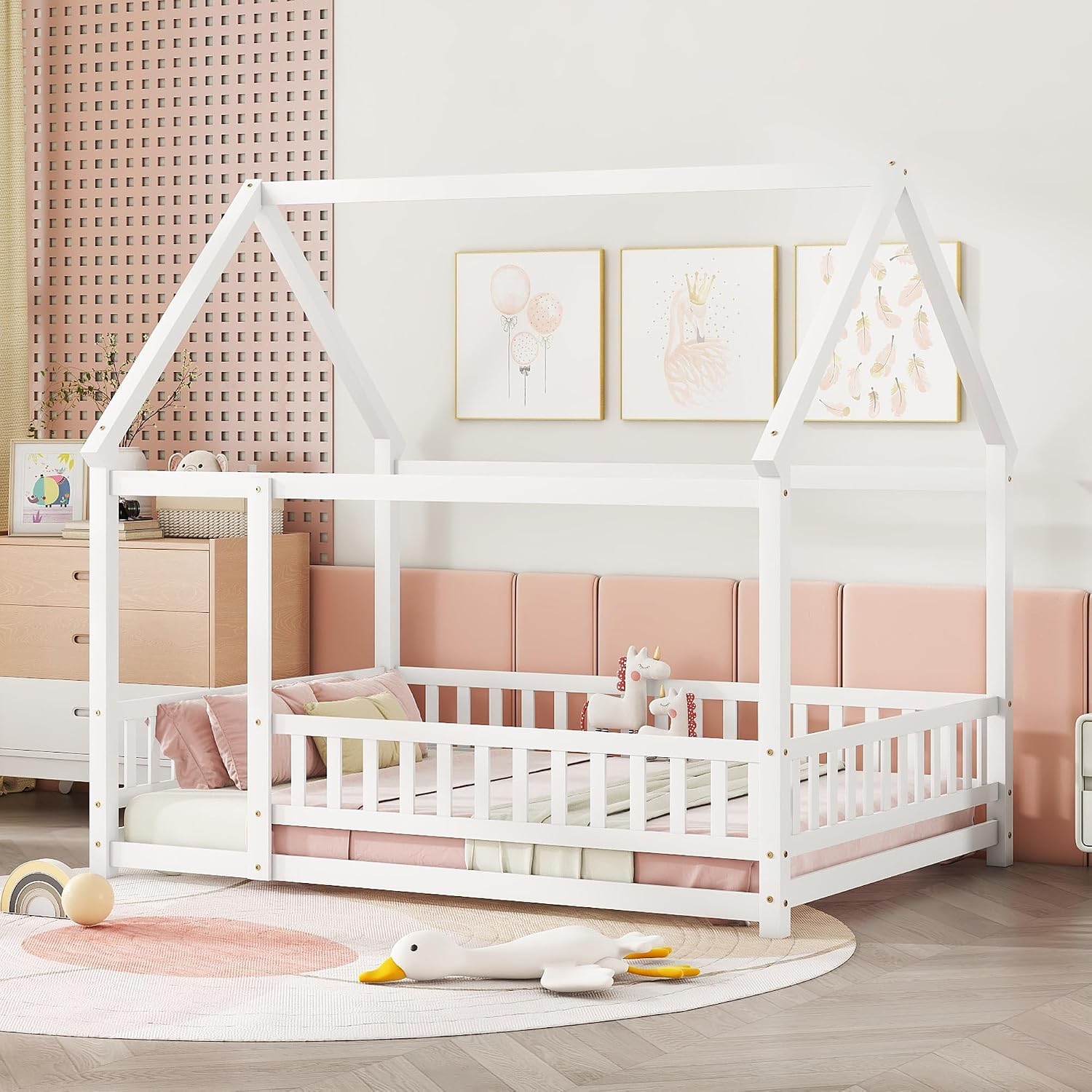 Bellemave Full Size House Floor Bed,Wooden Montessori Bed with Fence and Roof for Kids,Playhouse Full Bed Frame for Girls,Boys(Full,White)