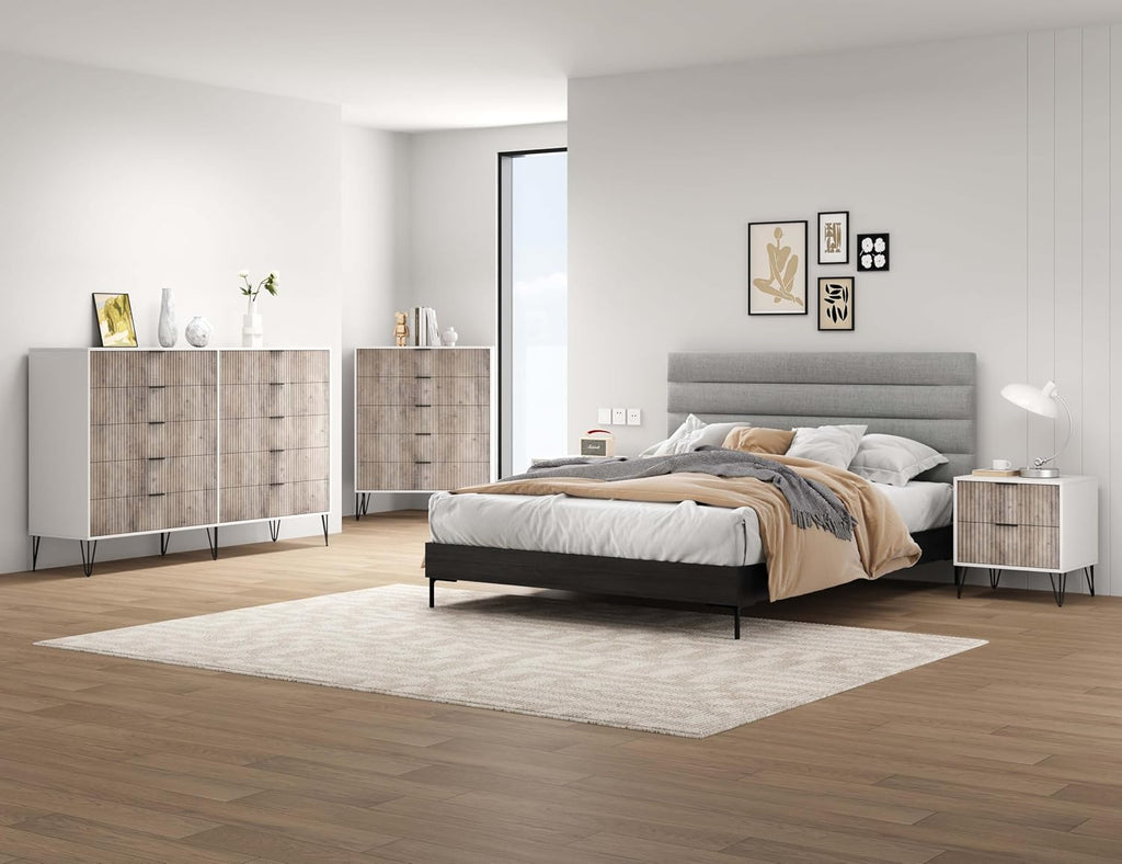 Manhattan Comfort Dumbo 3-Piece Modern Dresser Drawer and Nightstand Set, Tall and Double - Vertical Ribbed Design - No Tool Assembly Storage for Bedroom & Living Room, White/Grey