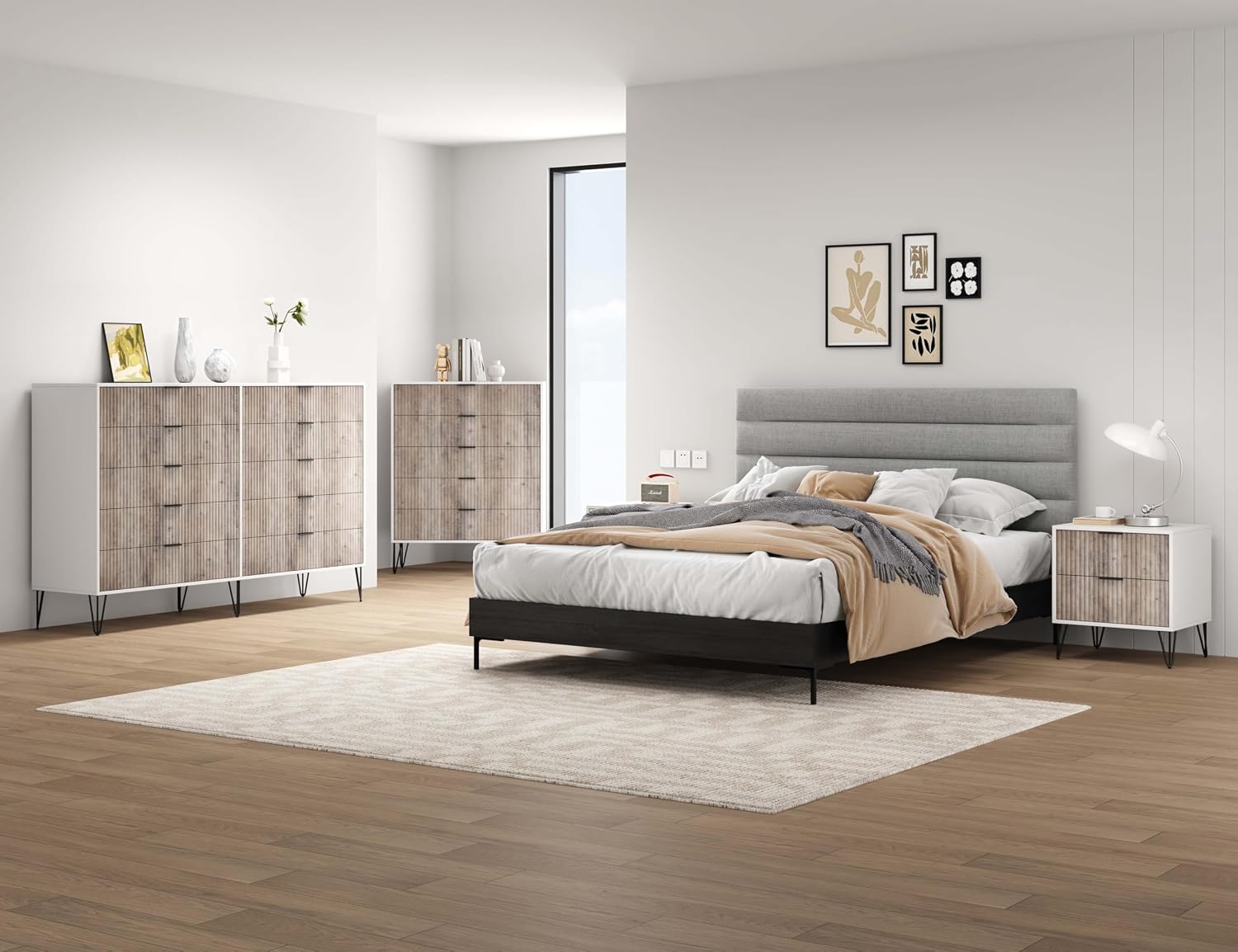 Manhattan Comfort Dumbo 3-Piece Modern Dresser Drawer and Nightstand Set, Tall and Double - Vertical Ribbed Design - No Tool Assembly Storage for Bedroom & Living Room, White/Grey
