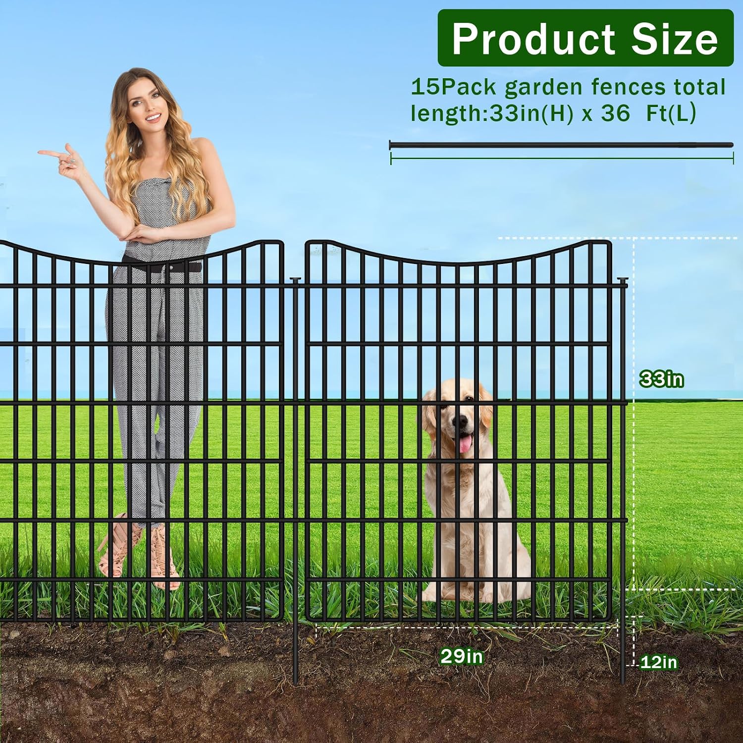 15 Panels Garden Fence Animal Barrier, 33 in(H) X 36 ft(L) Dog Fence Outdoor for Yard with Lock, Tall Metal Fencing with Ground Stakes, Temporary Fencing for Dog, Rabbits, and Patio Border