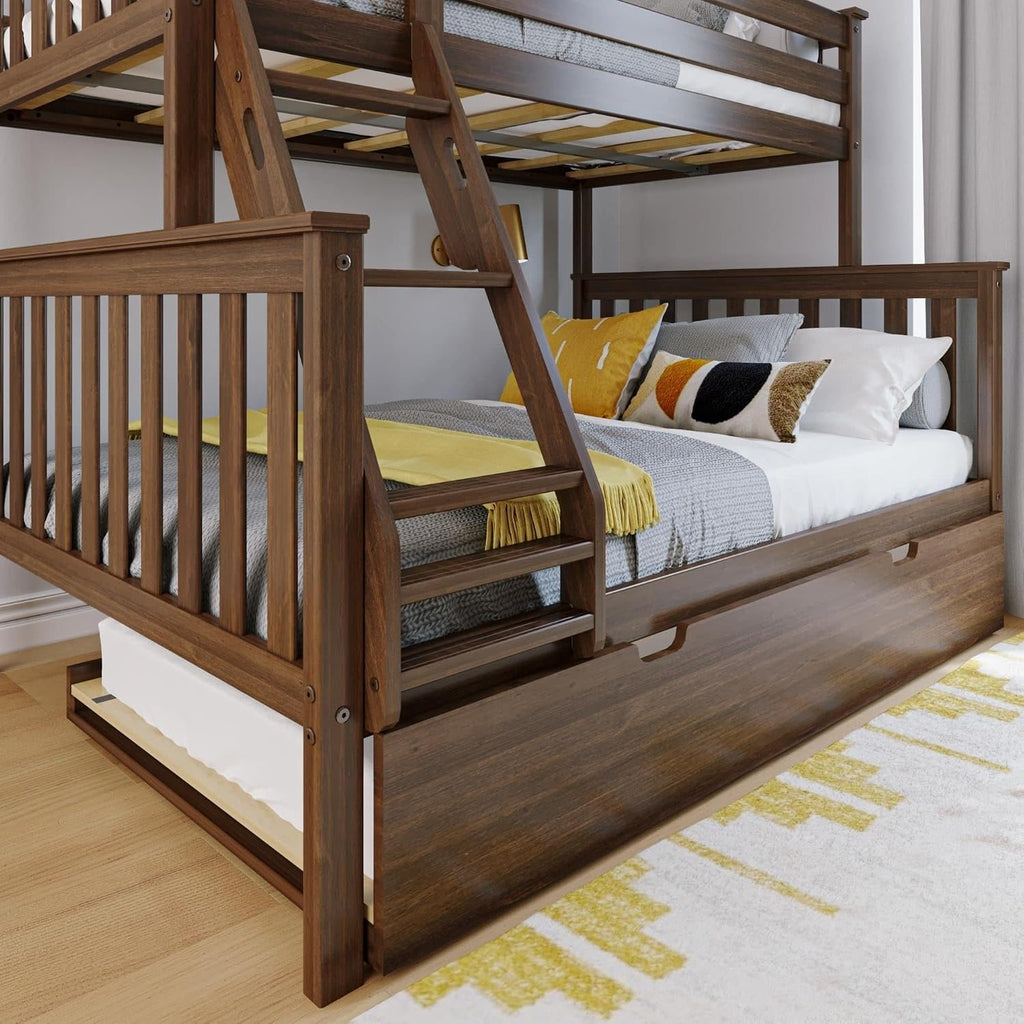 Max & Lily Bunk Bed, Twin-Over-Full Bed Frame for Kids with Trundle, Walnut