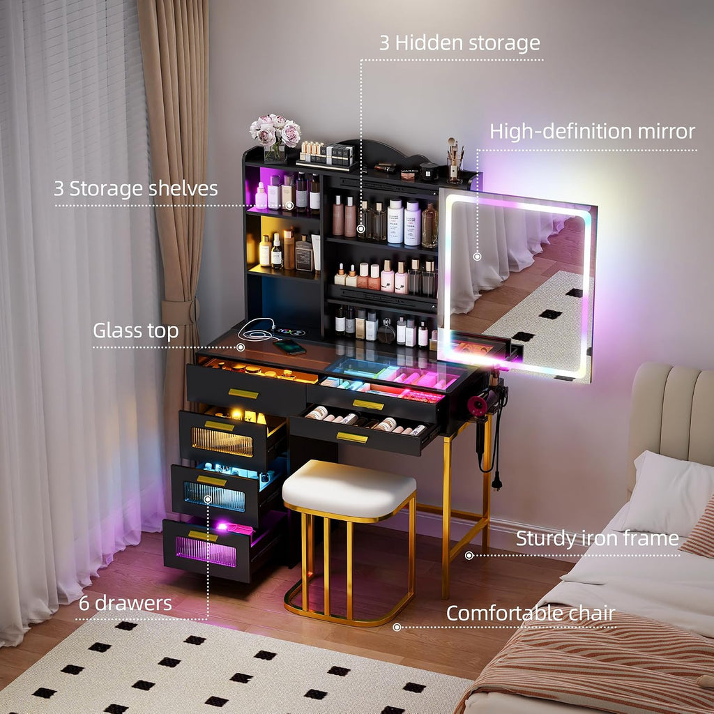 Glass Top Makeup Vanity Desk with RGB LED Light & Adjustable Mirror, Modern Makeup Dresser with Charging Station,Vanity Table Set with 6 Drawers & Hair Dryer Holder for Bedroom,Black