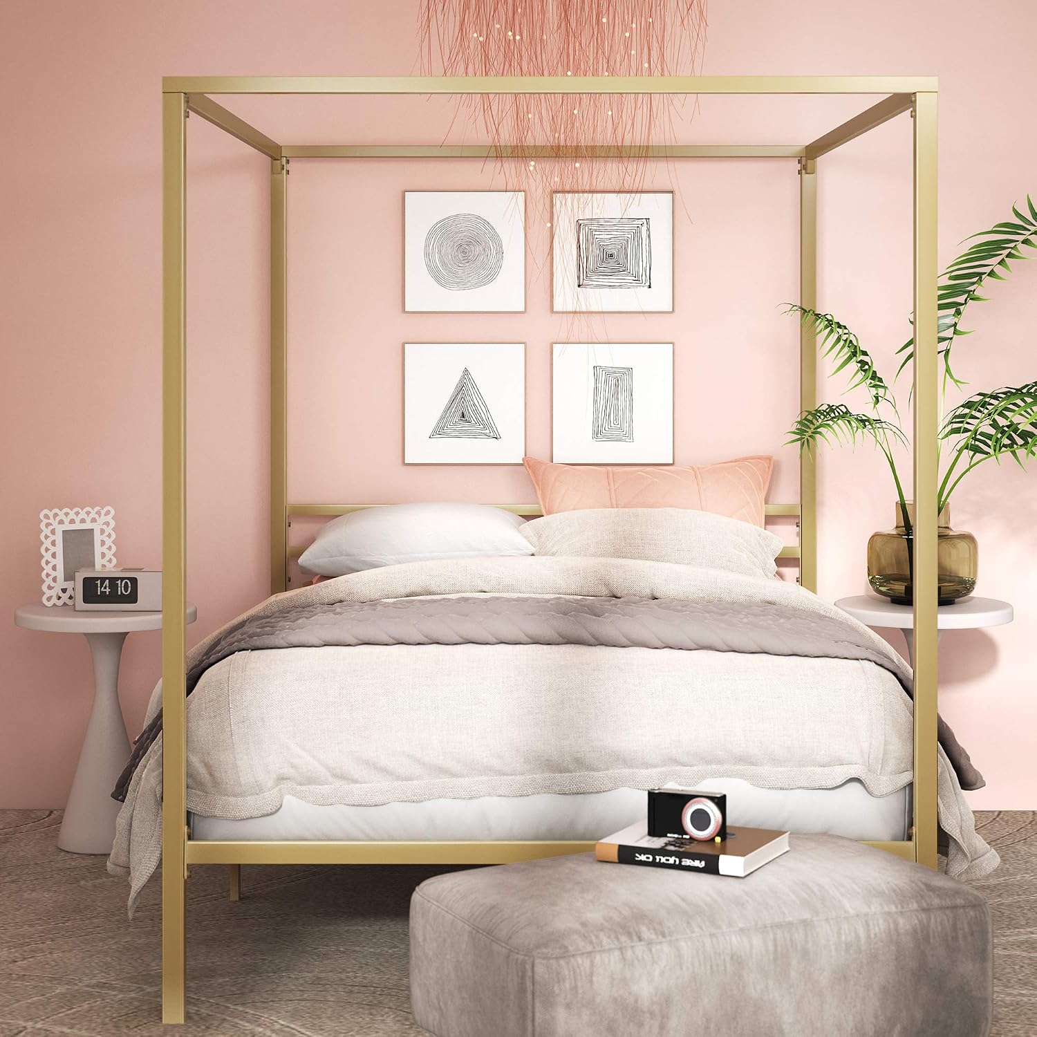 Zinus Patricia Gold Metal Canopy Platform Bed Frame, Mattress Foundation with Steel Slat Support, No Box Spring Needed, Easy Assembly, Queen