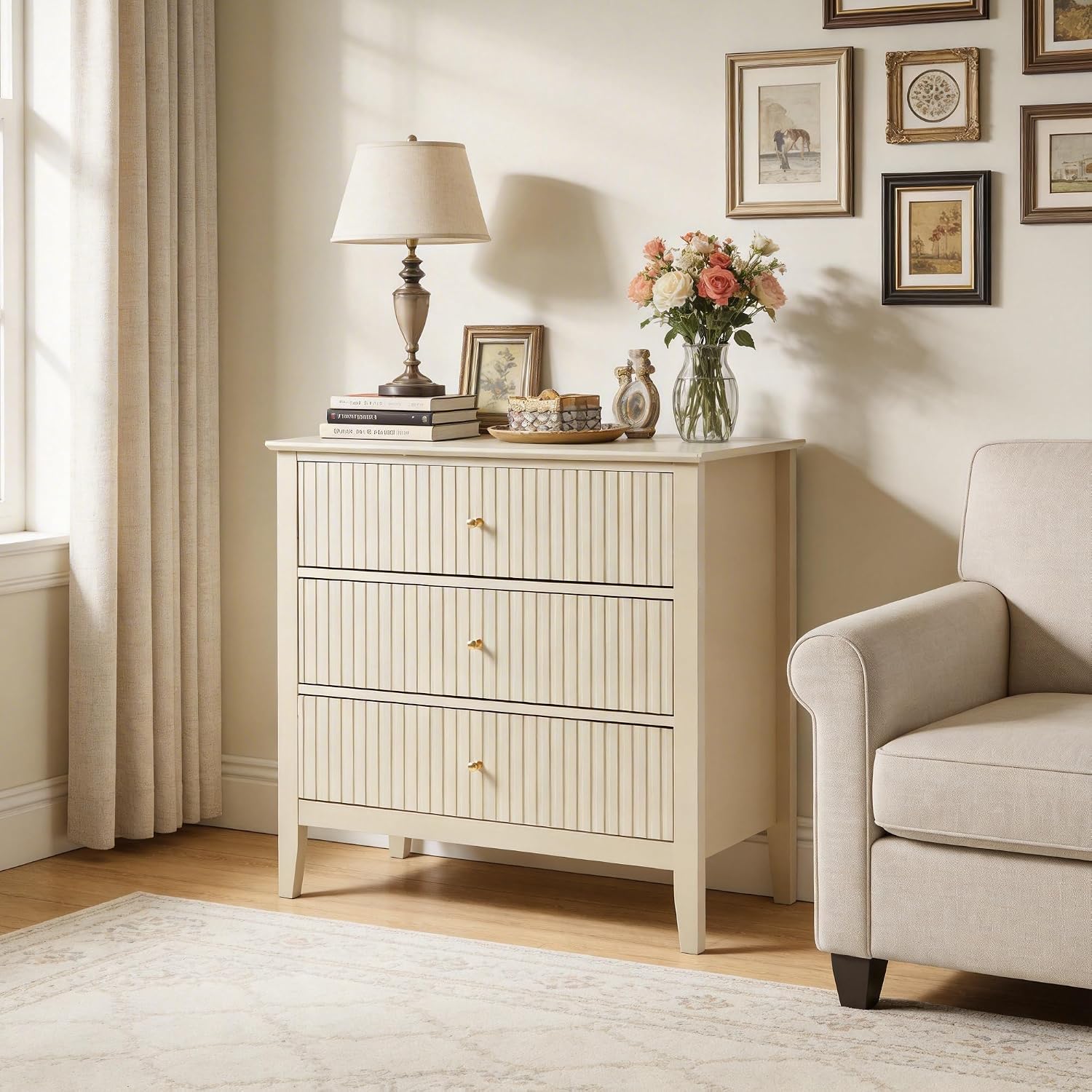 RoyalCraft Large 3 Drawer Dresser Set of 2, Fluted Wood Drawers for Bedroom, Modern Painted 30 inch Wide Nightstand for Bedroom, Entryway, Beige