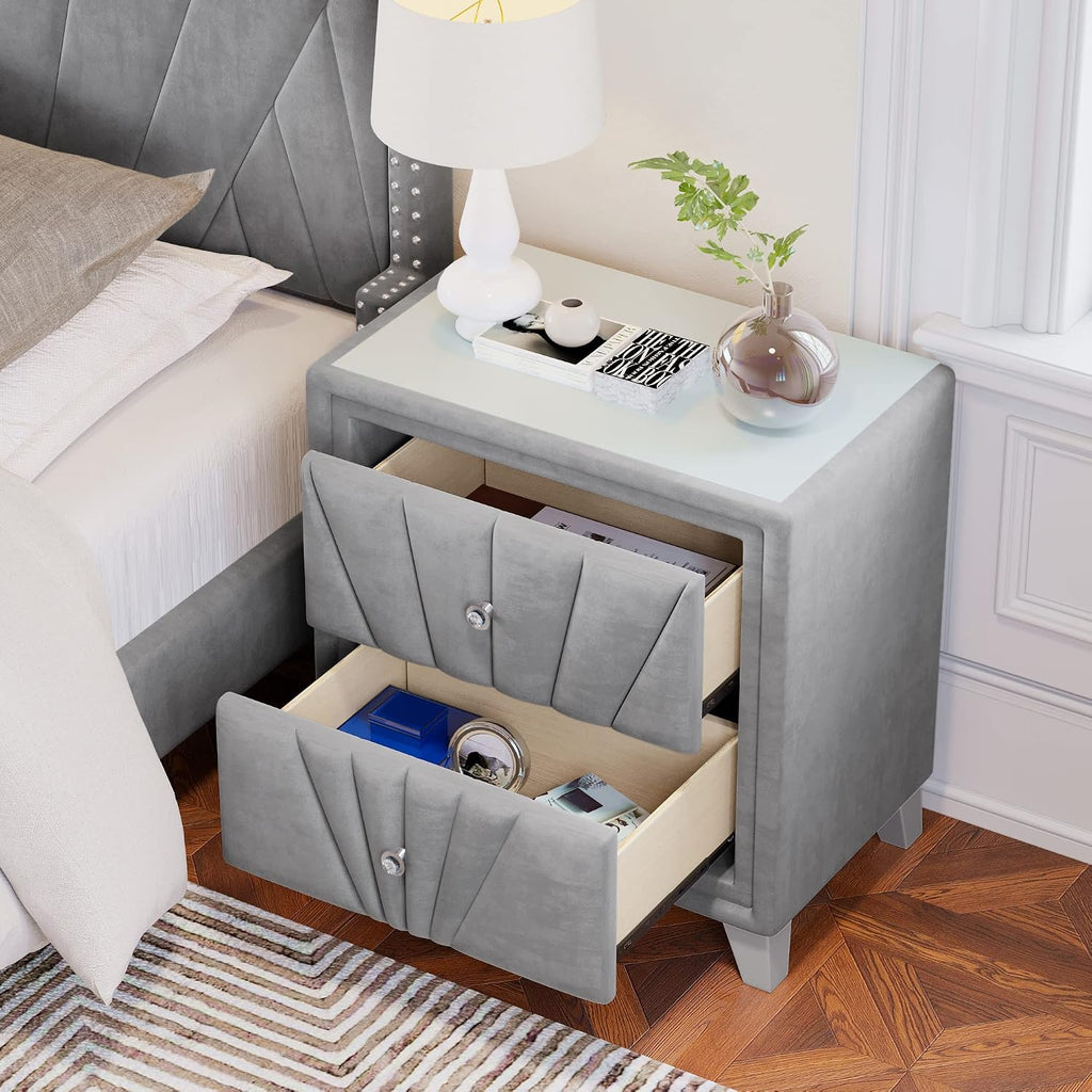 3 Pieces Velvet Bedroom Set with Full Upholstered Bed and Two Nightstand, Contemporary Furniture Set for Bedroom Living Room (Gray+3 Pieces+Full)