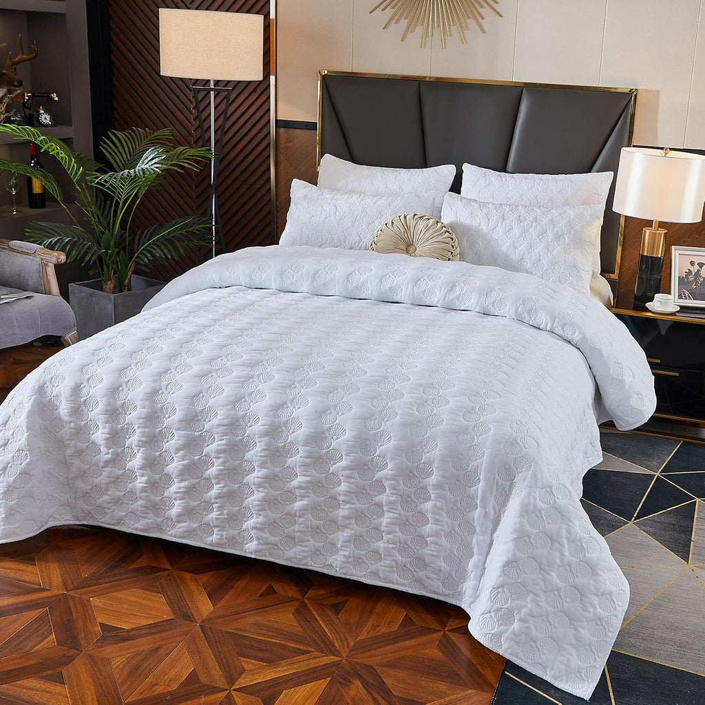 Brandream White Quilt Set Queen Size Cotton Quilted Comforter Set Coastal Seashell Matelasse Coverlet Set 3-Piece
