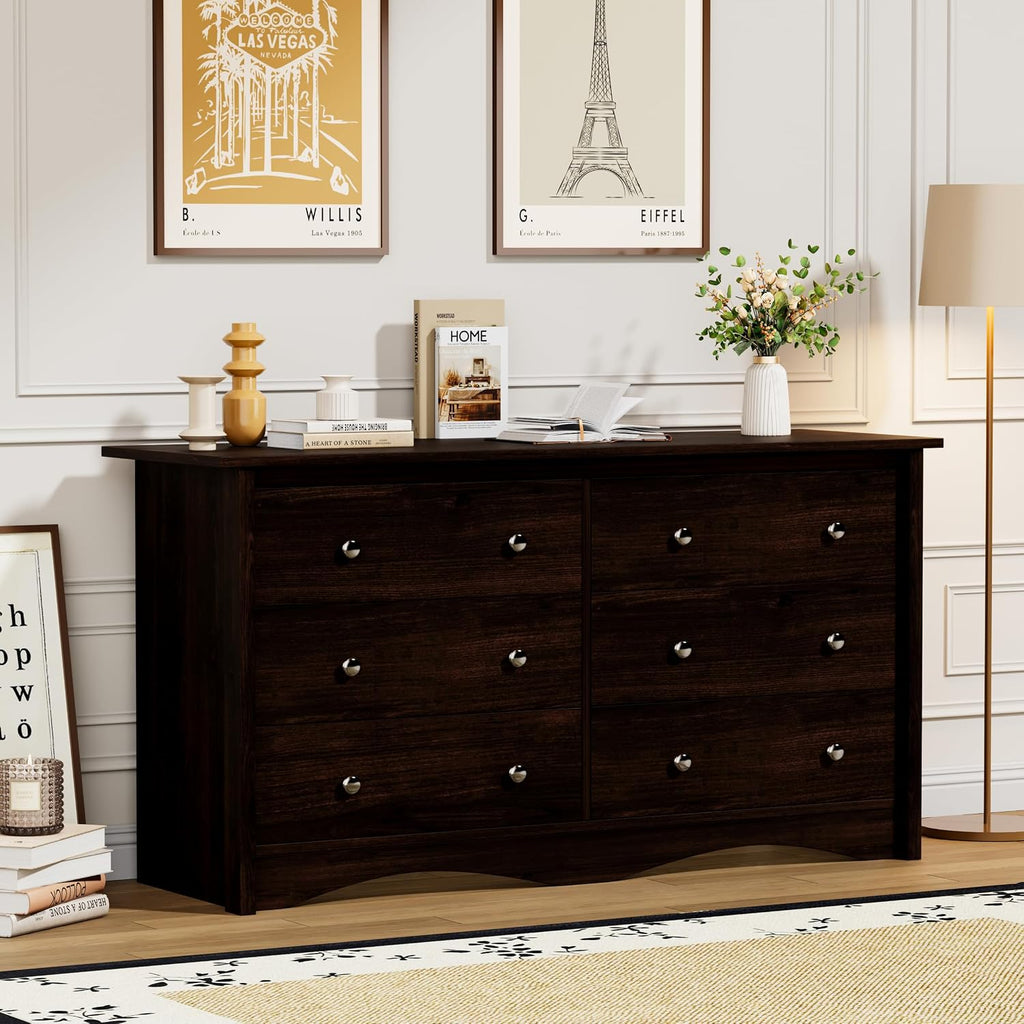 Flamaker Dresser for Bedroom, 6 Drawer Dresser, 47.2'' Wood Dressers, Wide Chest of Drawer, Storage Drawers, Storage Organizer for Closet, Hallway (Brown)