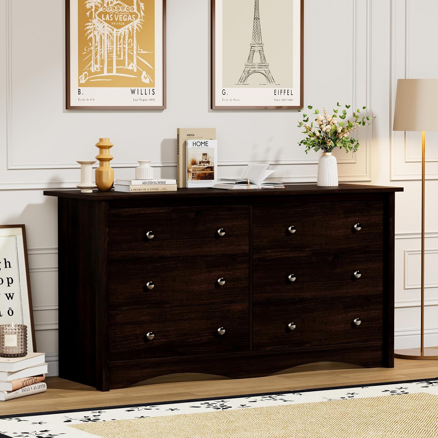 Flamaker Dresser for Bedroom, 6 Drawer Dresser, 47.2'' Wood Dressers, Wide Chest of Drawer, Storage Drawers, Storage Organizer for Closet, Hallway (Brown)