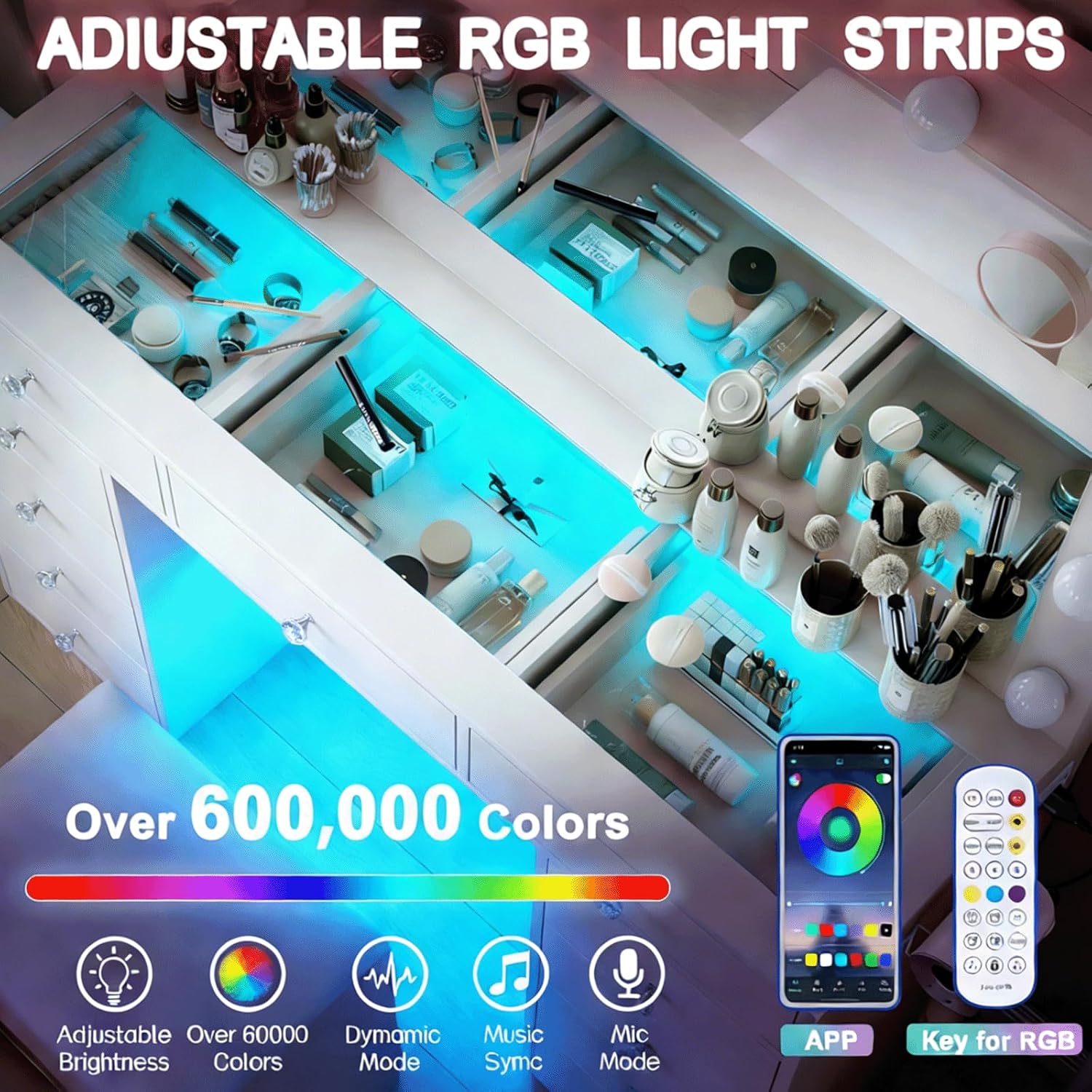 Makeup Vanity Desk with RGB Lights and Large 47.2'' Mirror, 11 Drawers Makeup Vanity with Lighted Mirror, 3 Color Option, Brightness Adjustable, Make Up Vanity with Charging Station Woman, White